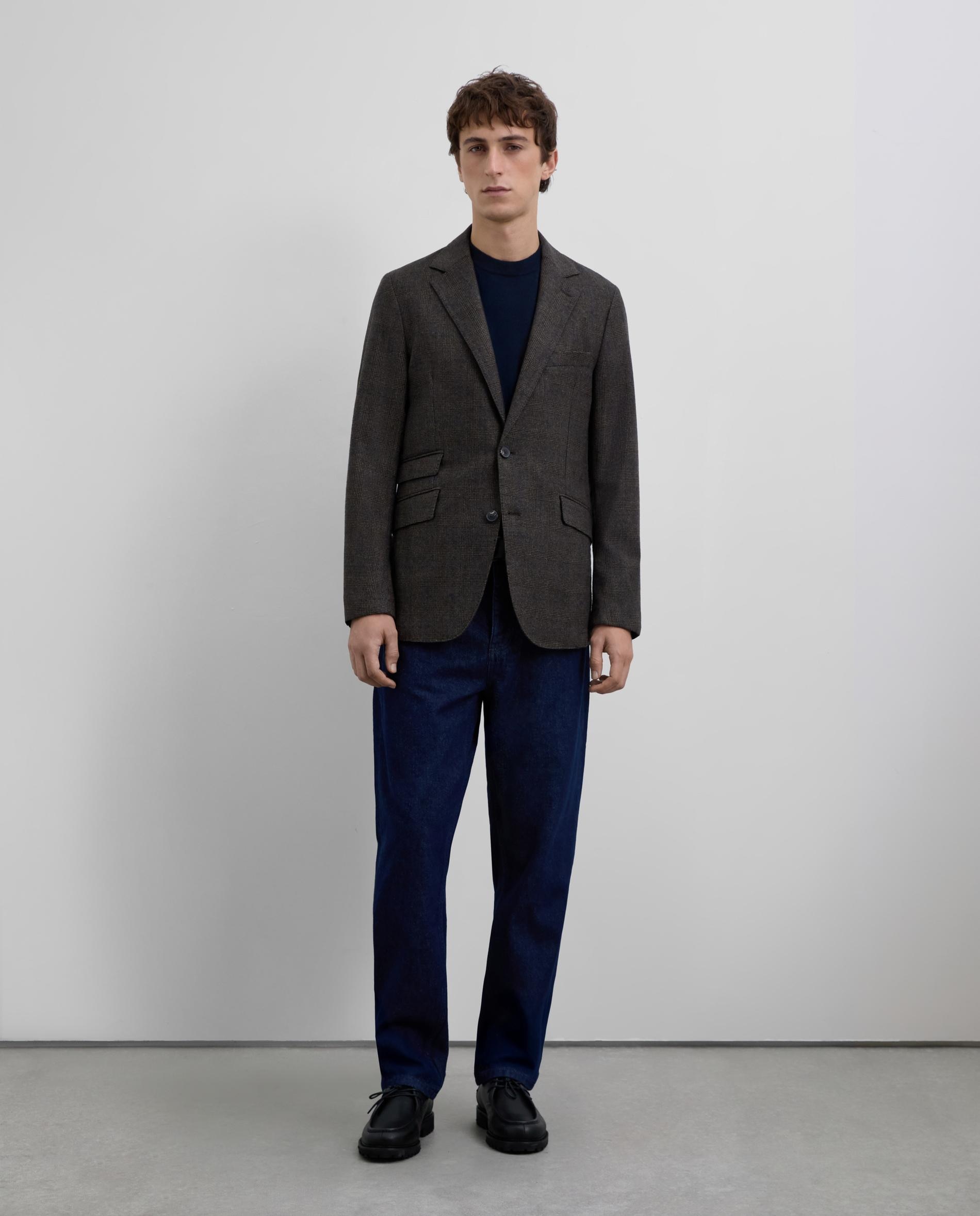 Blazer Regular Fit em Lã Virgem Aos Quadrados Castanho-escuro-3