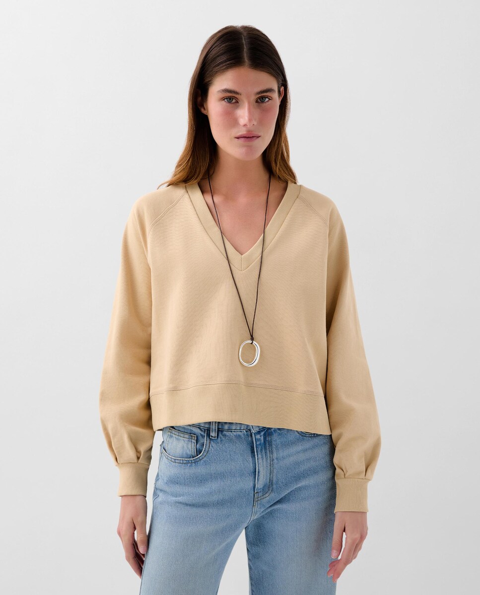 Camisola de Algodão com Decote em V Camel-1