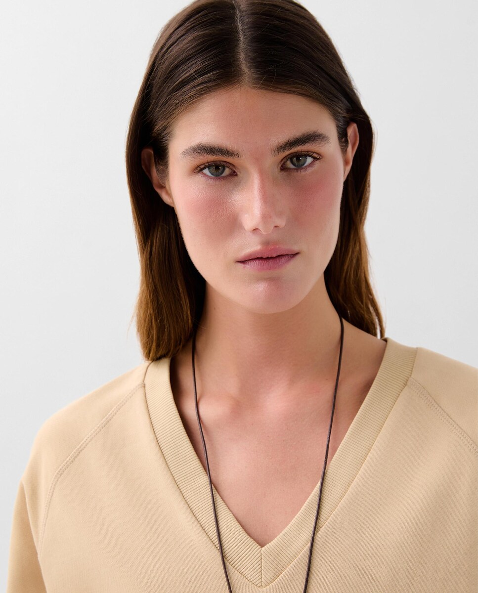 Camisola de Algodão com Decote em V Camel-3