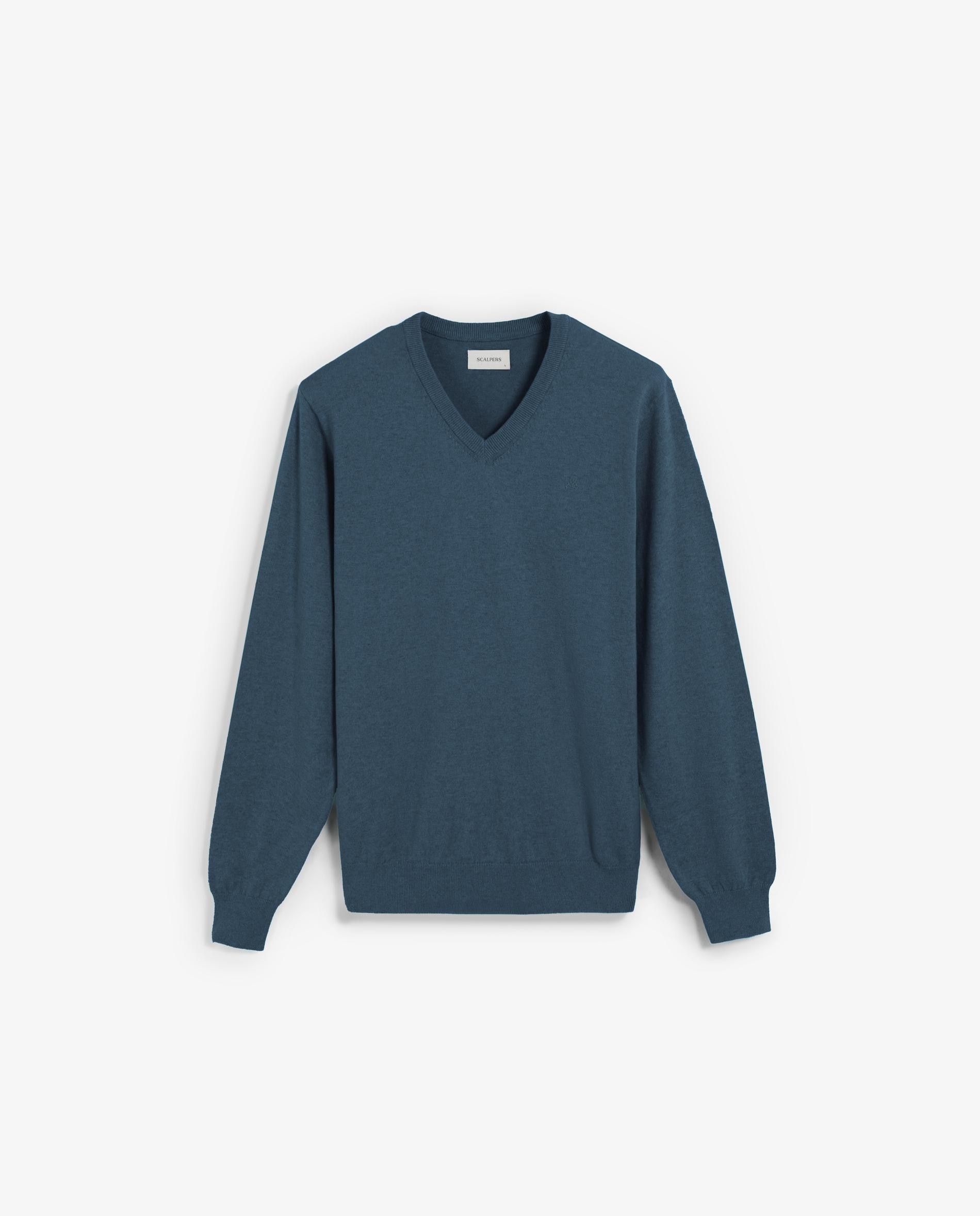 Camisola de Manga Comprida e Gola em V Azul-marinho-5