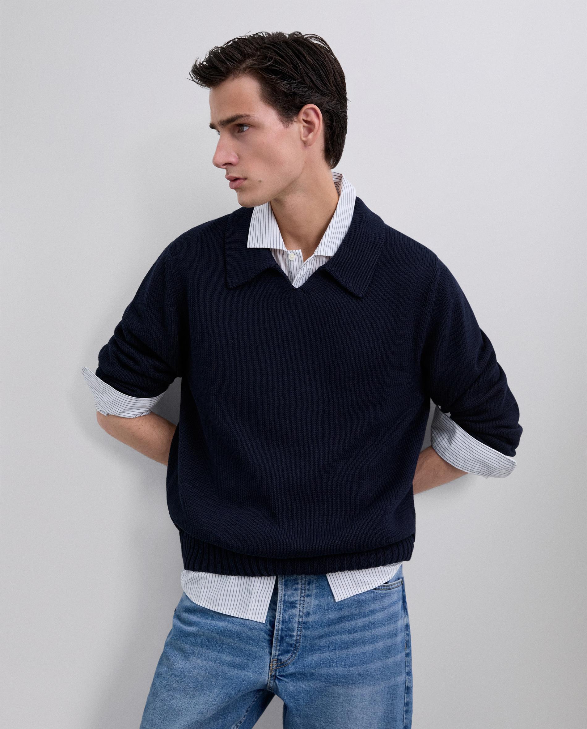 Camisola de Algodão com Gola Tipo Polo Navy-1
