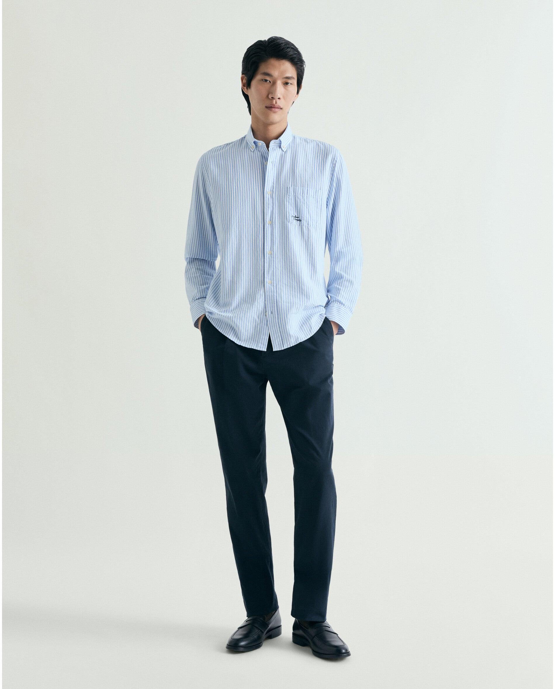 Camisa Regular Fit Às Riscas com Bolso Azul-3