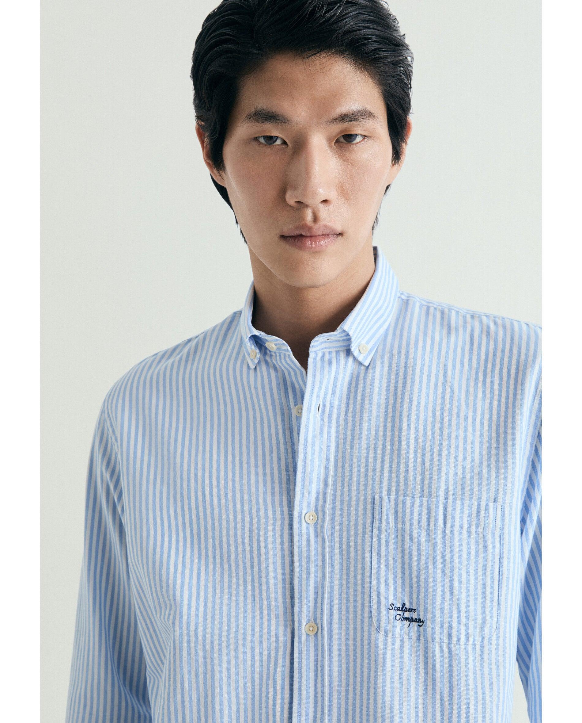 Camisa Regular Fit Às Riscas com Bolso Azul-5