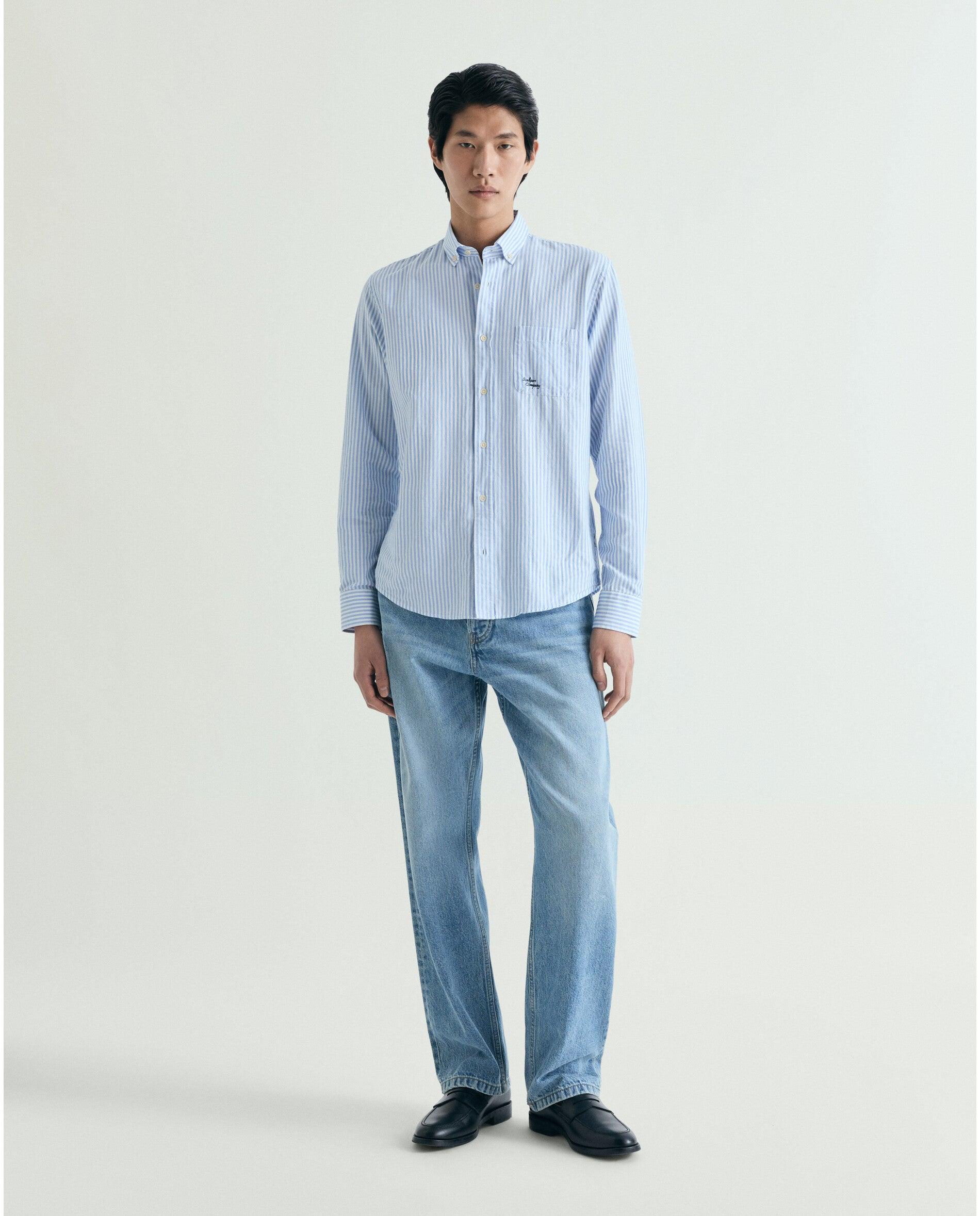Camisa Regular Fit Às Riscas com Bolso Azul-6