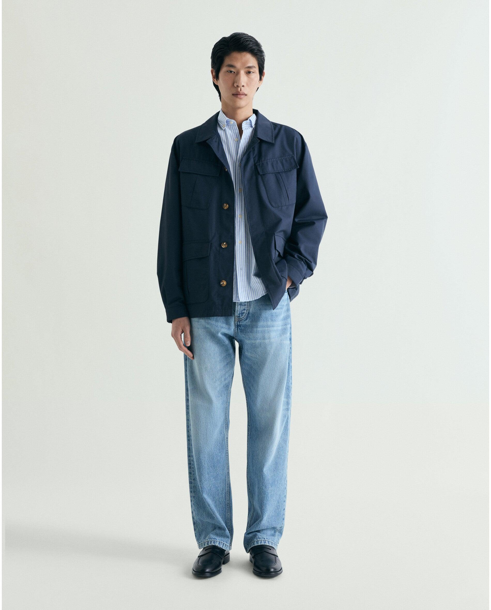 Camisa Regular Fit Às Riscas com Bolso Azul-7