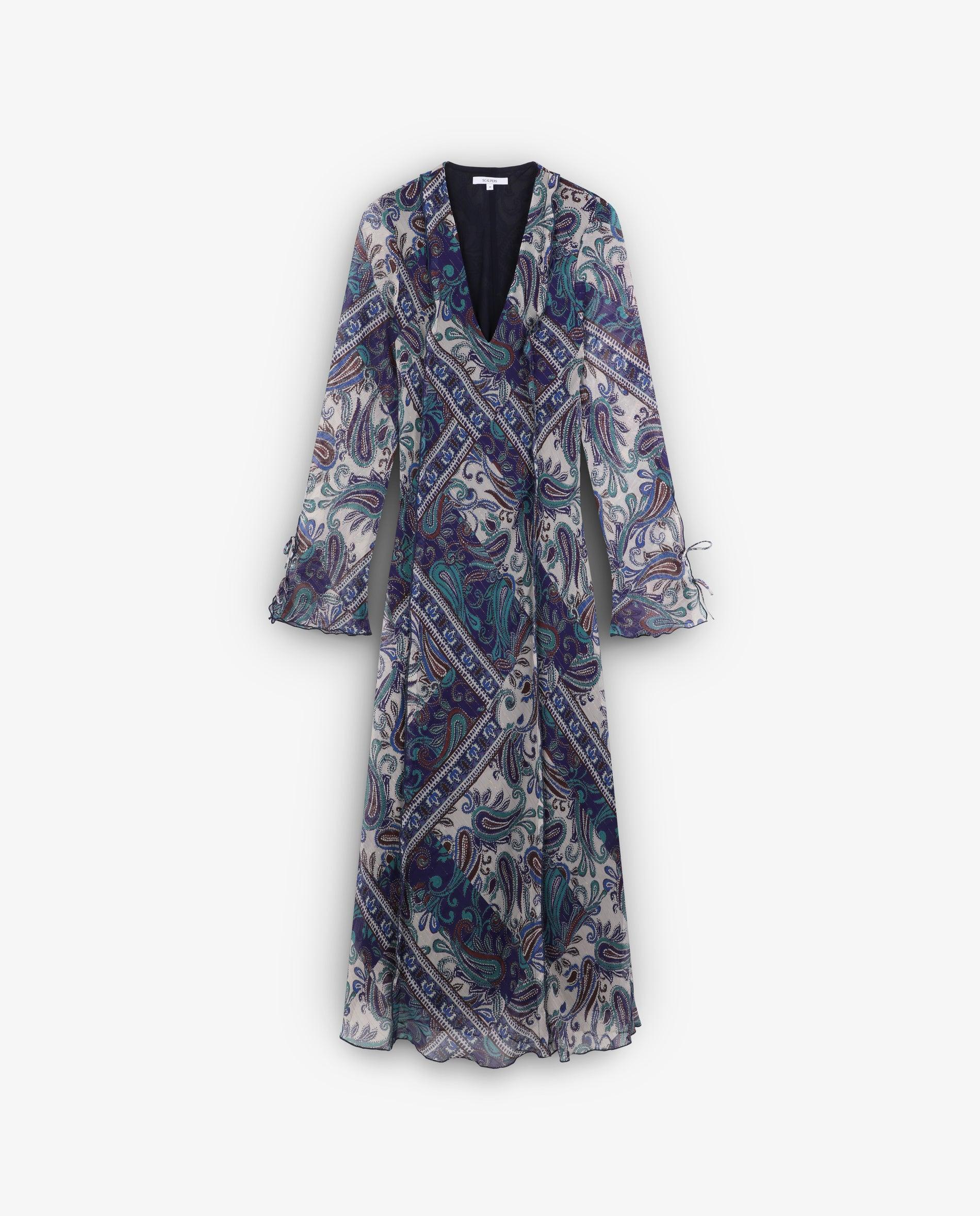 Vestido Comprido com Decote em V Azul / Branco-4