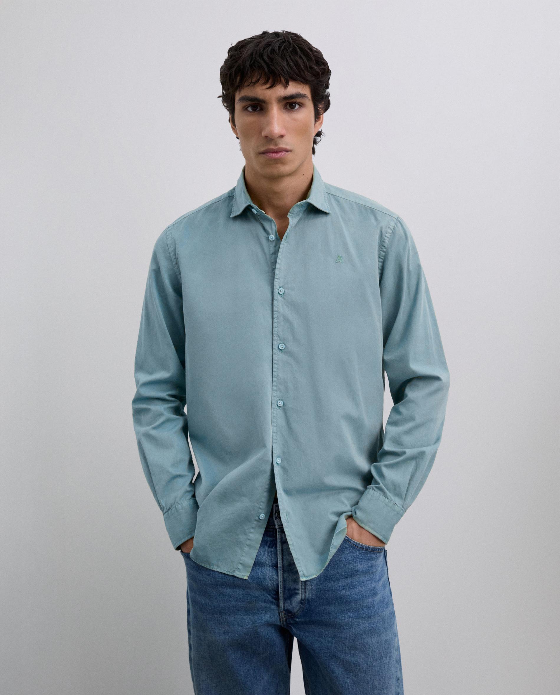 Camisa Regular Lisa de Manga Comprida Azul-acinzentado-1
