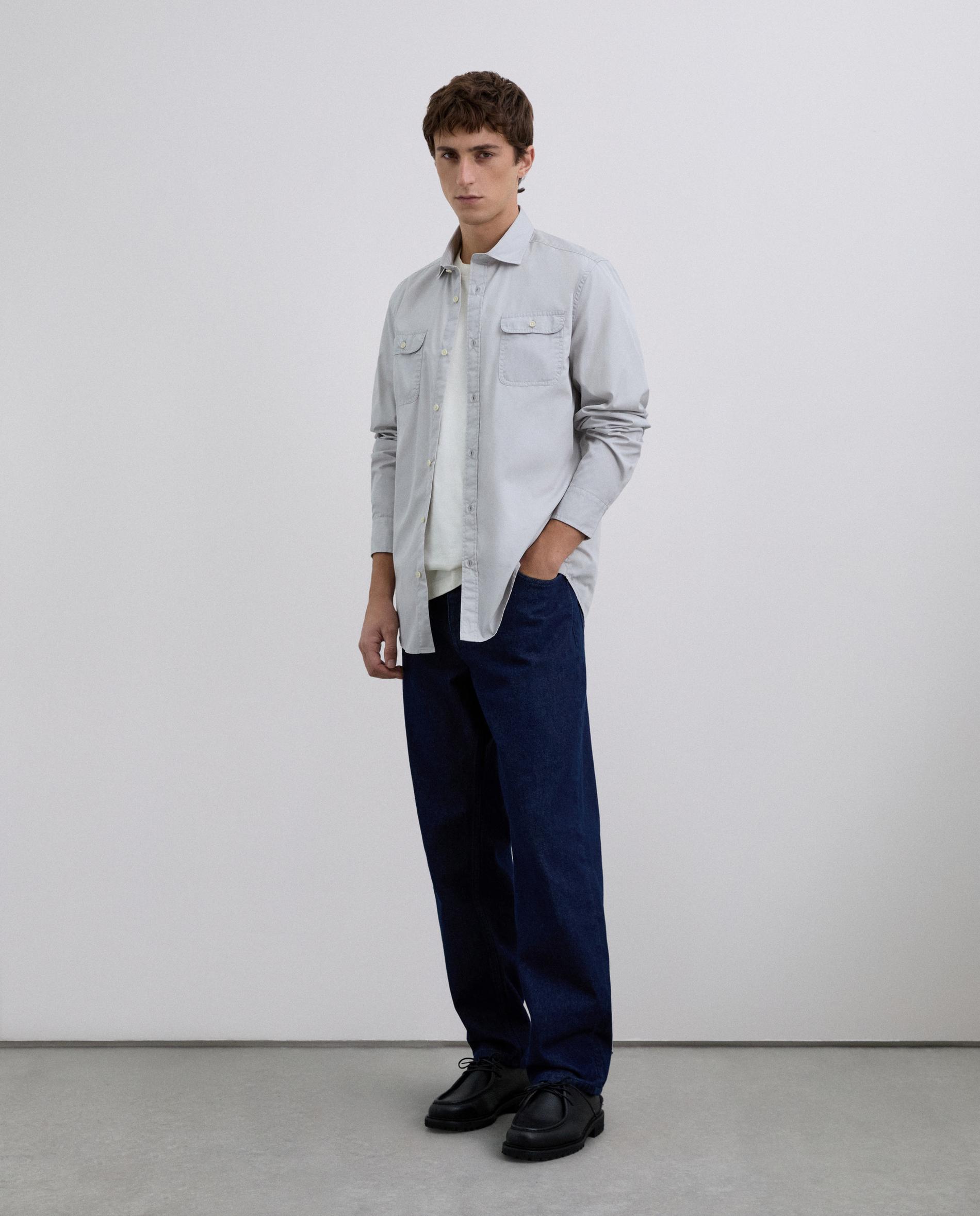 Camisa de Algodão com Bolsos com Aba Cinzento-claro-2