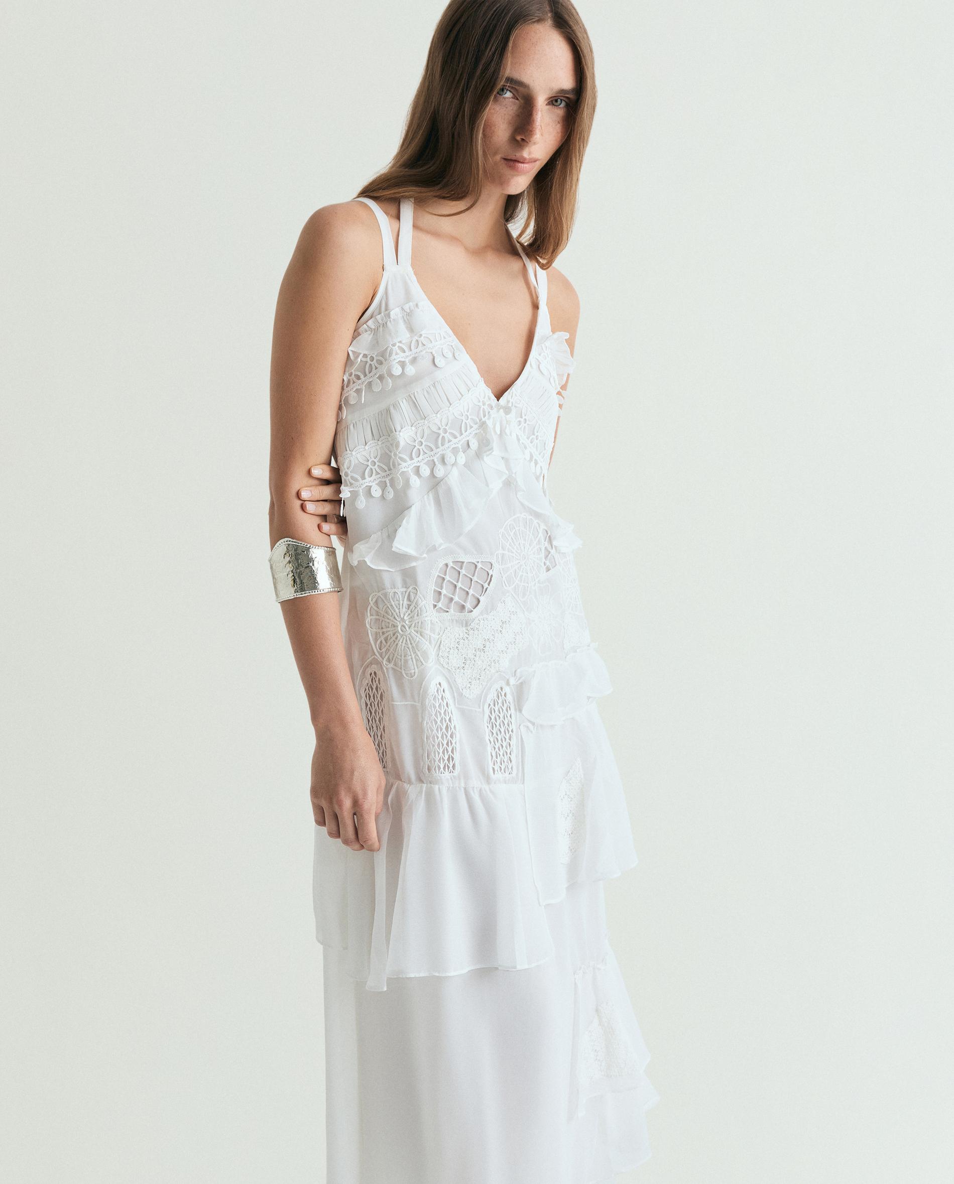 Vestido Comprido com Aplicações de Renda Bordada e Perfurados Marfim-2