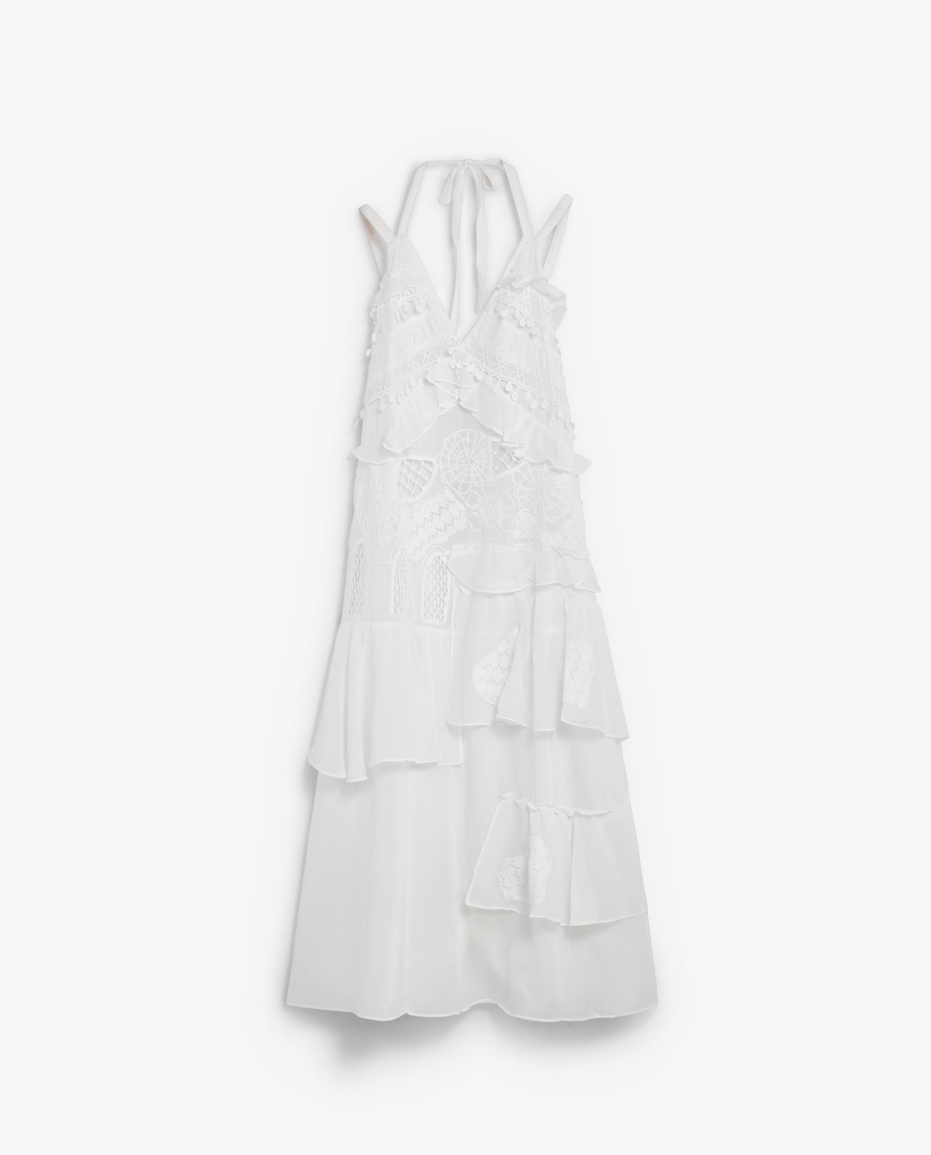 Vestido Comprido com Aplicações de Renda Bordada e Perfurados Marfim-4