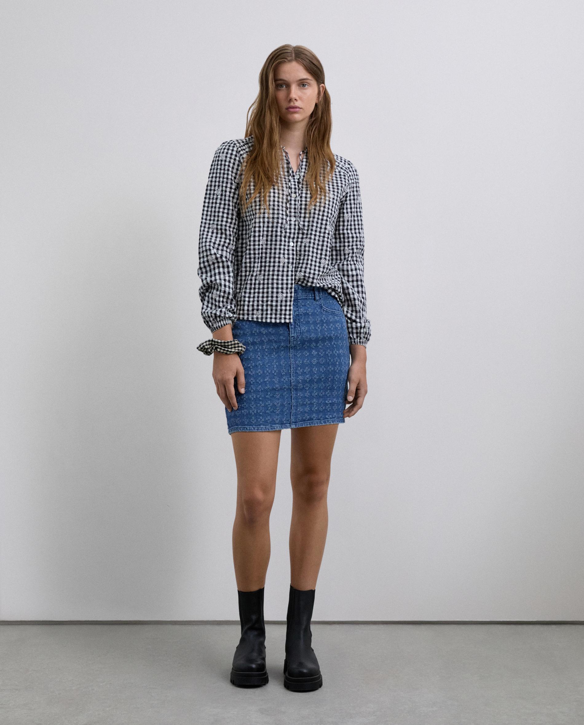 Saia Jeans Mini com Estampado Desgastado Azul denim-1