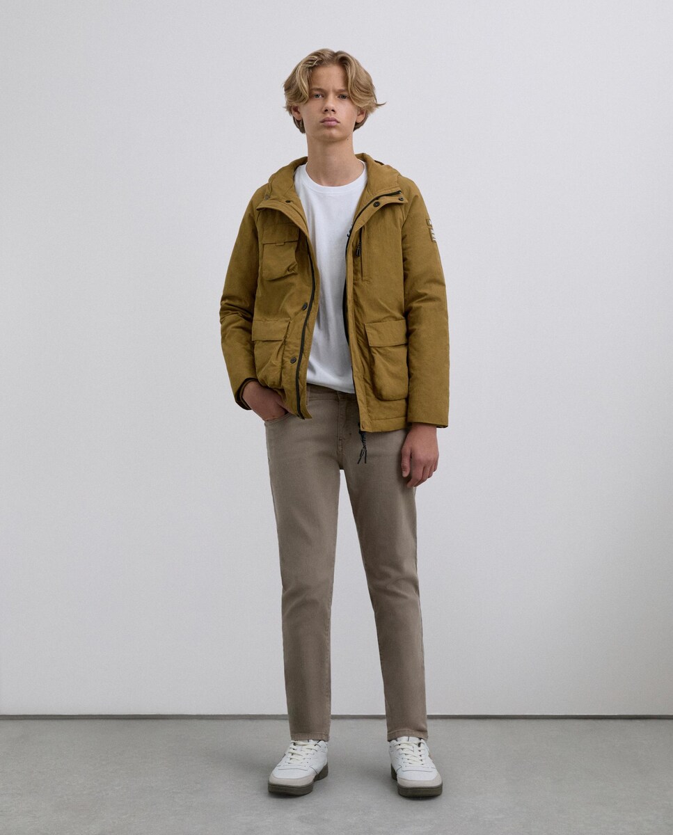 Parka Infantil com Capuz Ajustável e Múltiplos Bolsos Camel-3