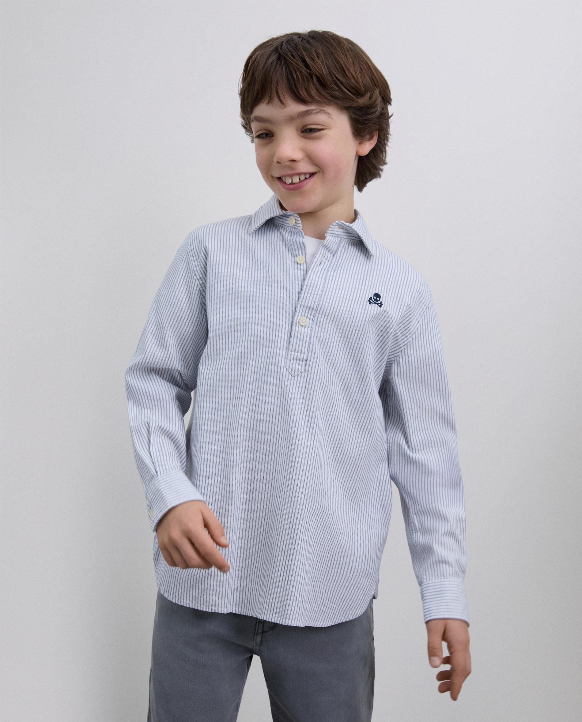 Camisa Infantil Tipo Polo às Riscas de Algodão Azul-1