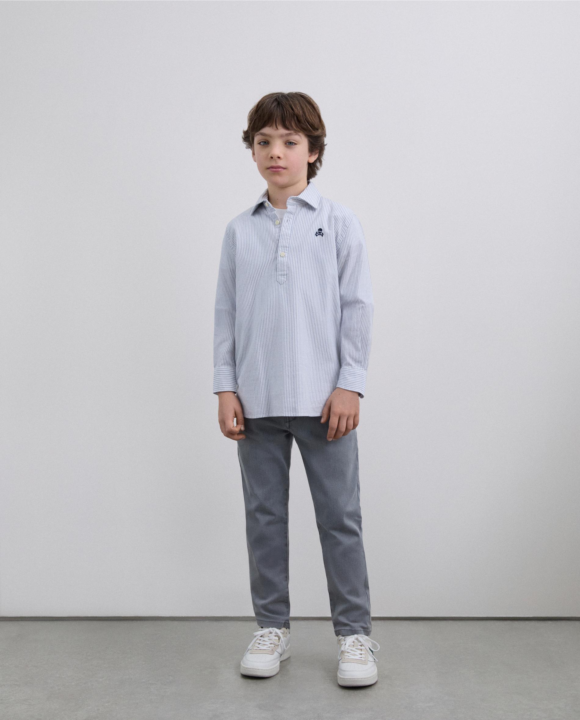 Camisa Infantil Tipo Polo às Riscas de Algodão Azul-3