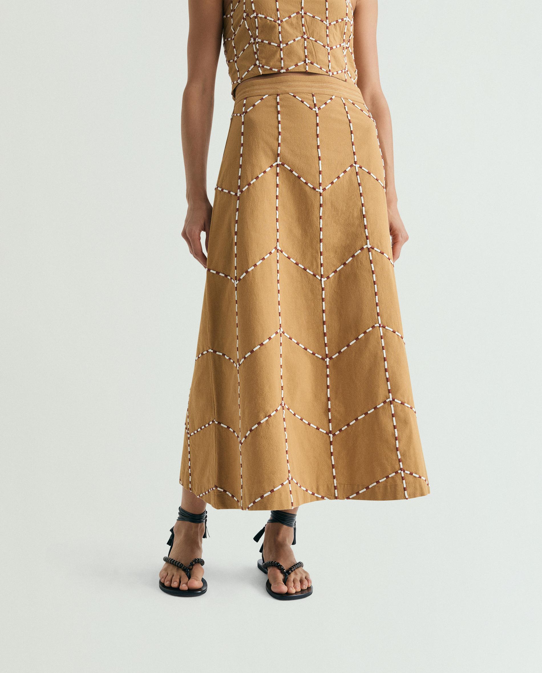 Saia Midi Bordada com Pedras Camel-2