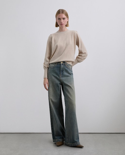 Imagem 0 de Jeans Largo de Cintura Subida com Efeito Desgastado