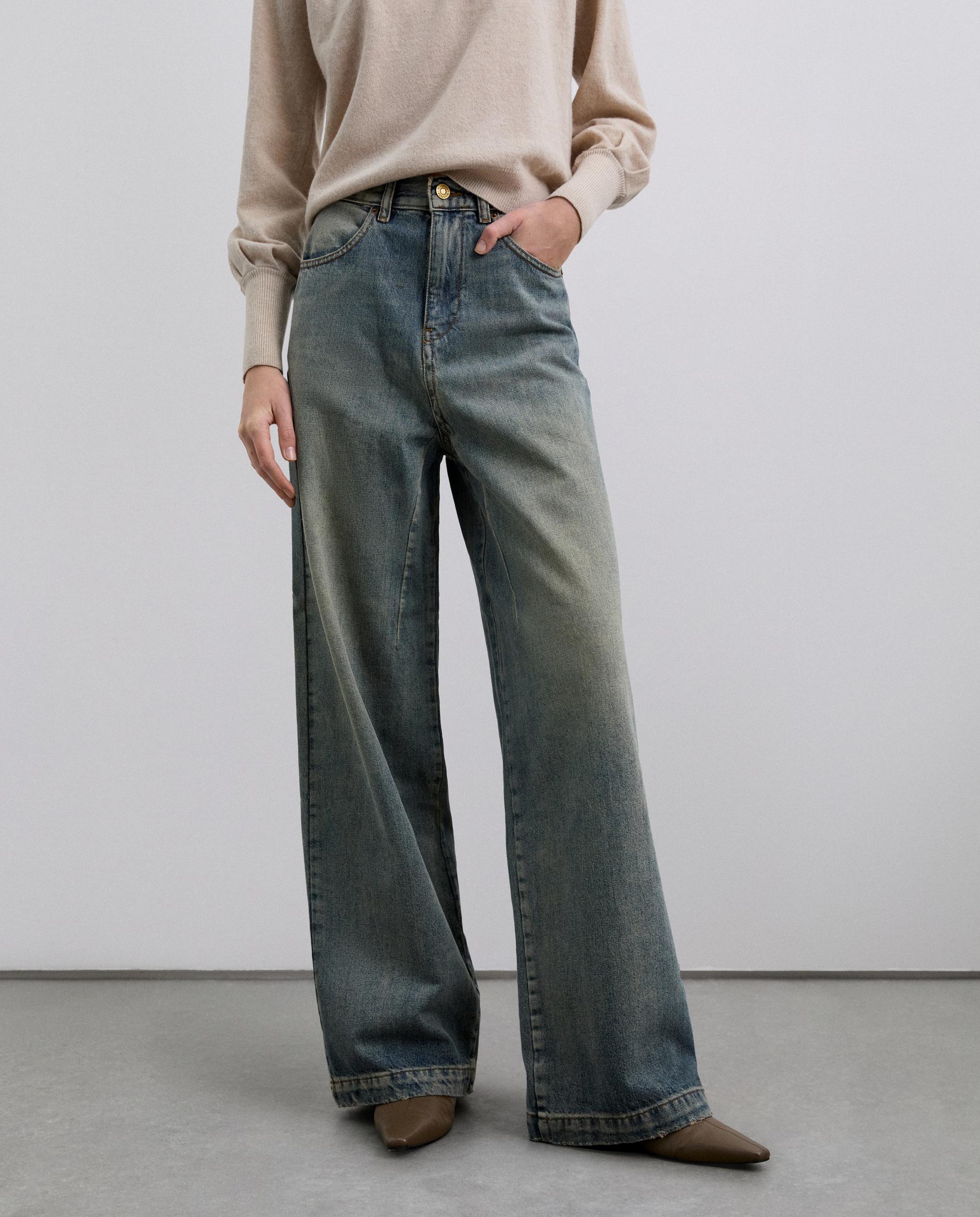 Jeans Largo de Cintura Subida com Efeito Desgastado Azul-índigo-2