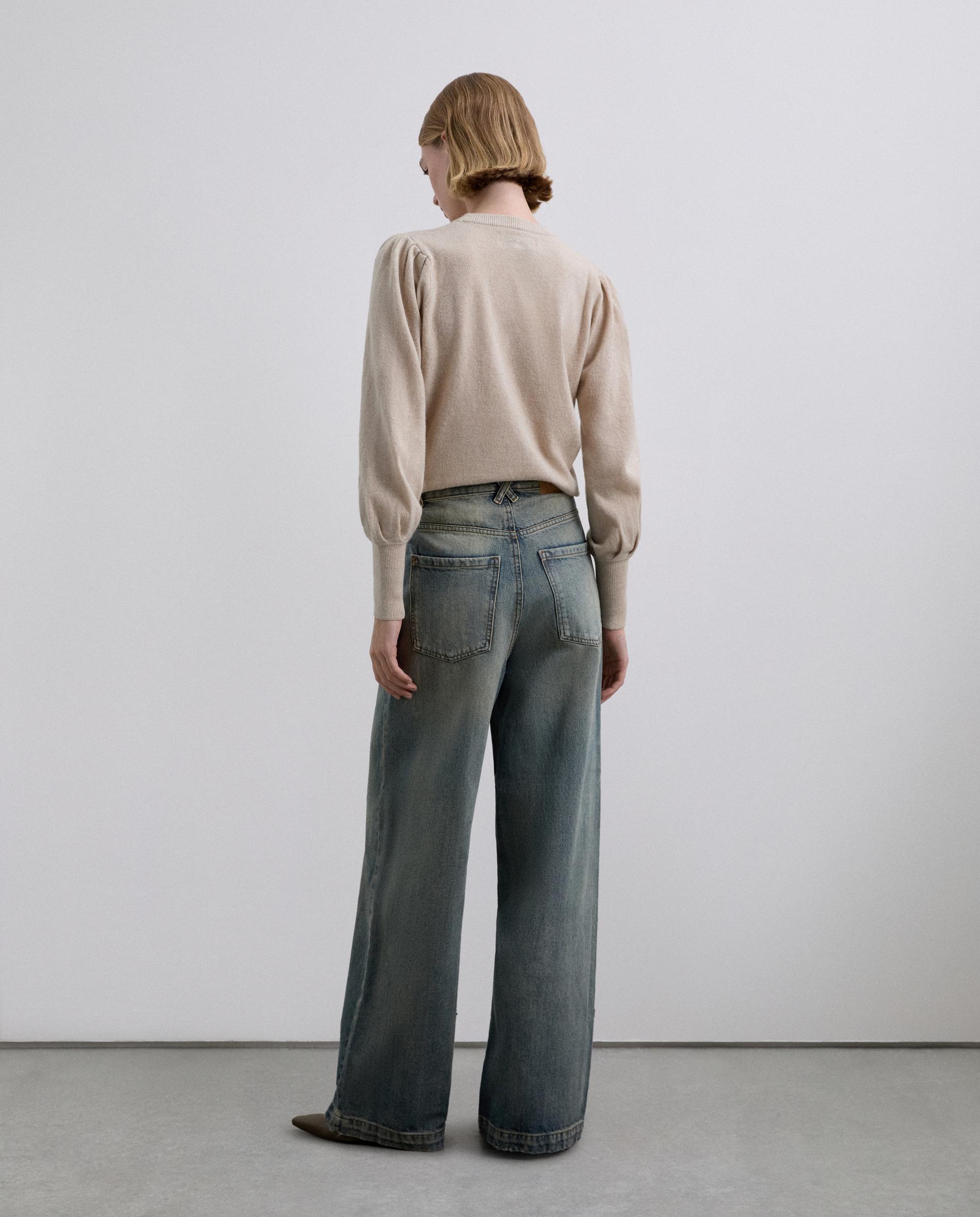 Jeans Largo de Cintura Subida com Efeito Desgastado Azul-índigo-3