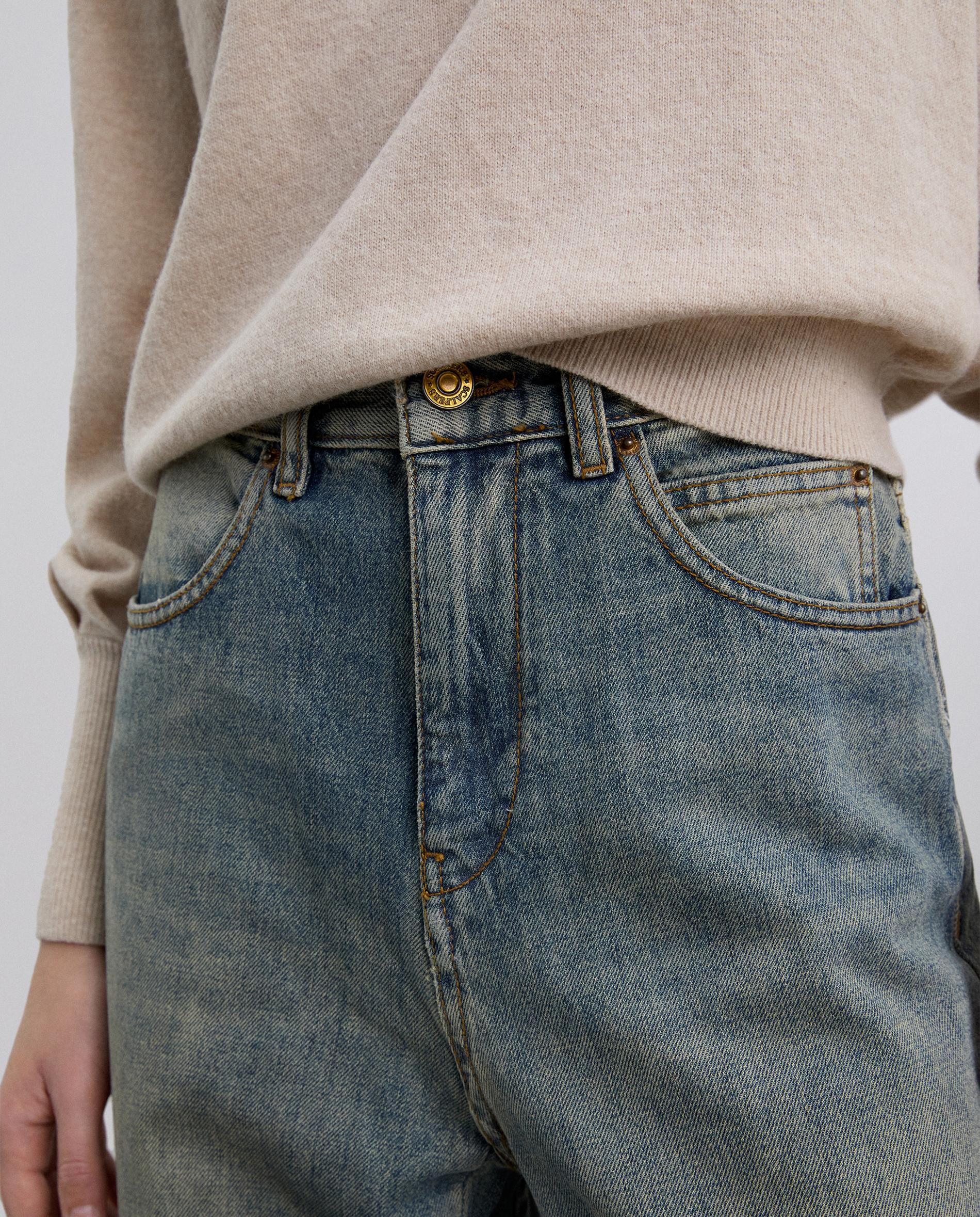 Jeans Largo de Cintura Subida com Efeito Desgastado Azul-índigo-4