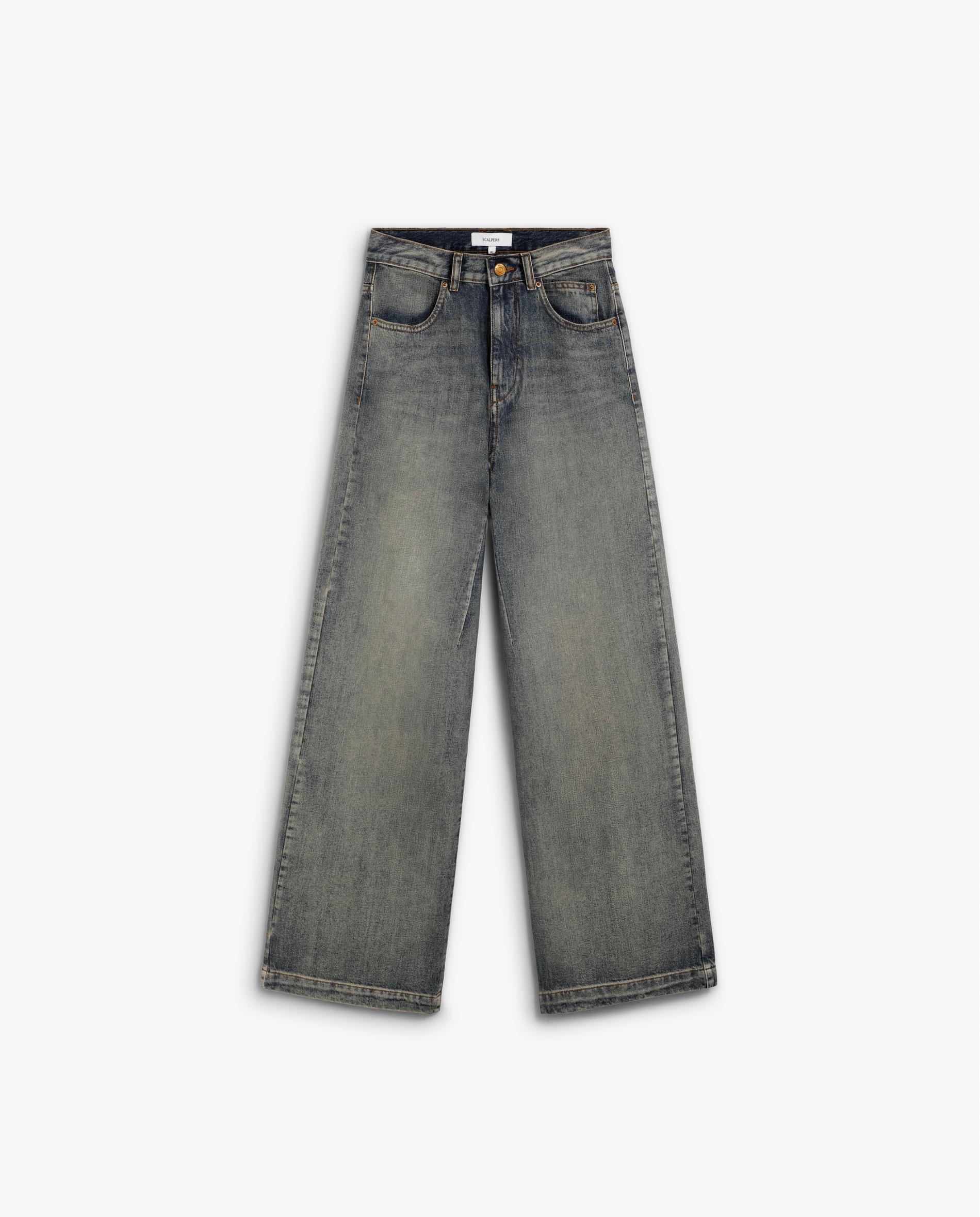 Jeans Largo de Cintura Subida com Efeito Desgastado Azul-índigo-5