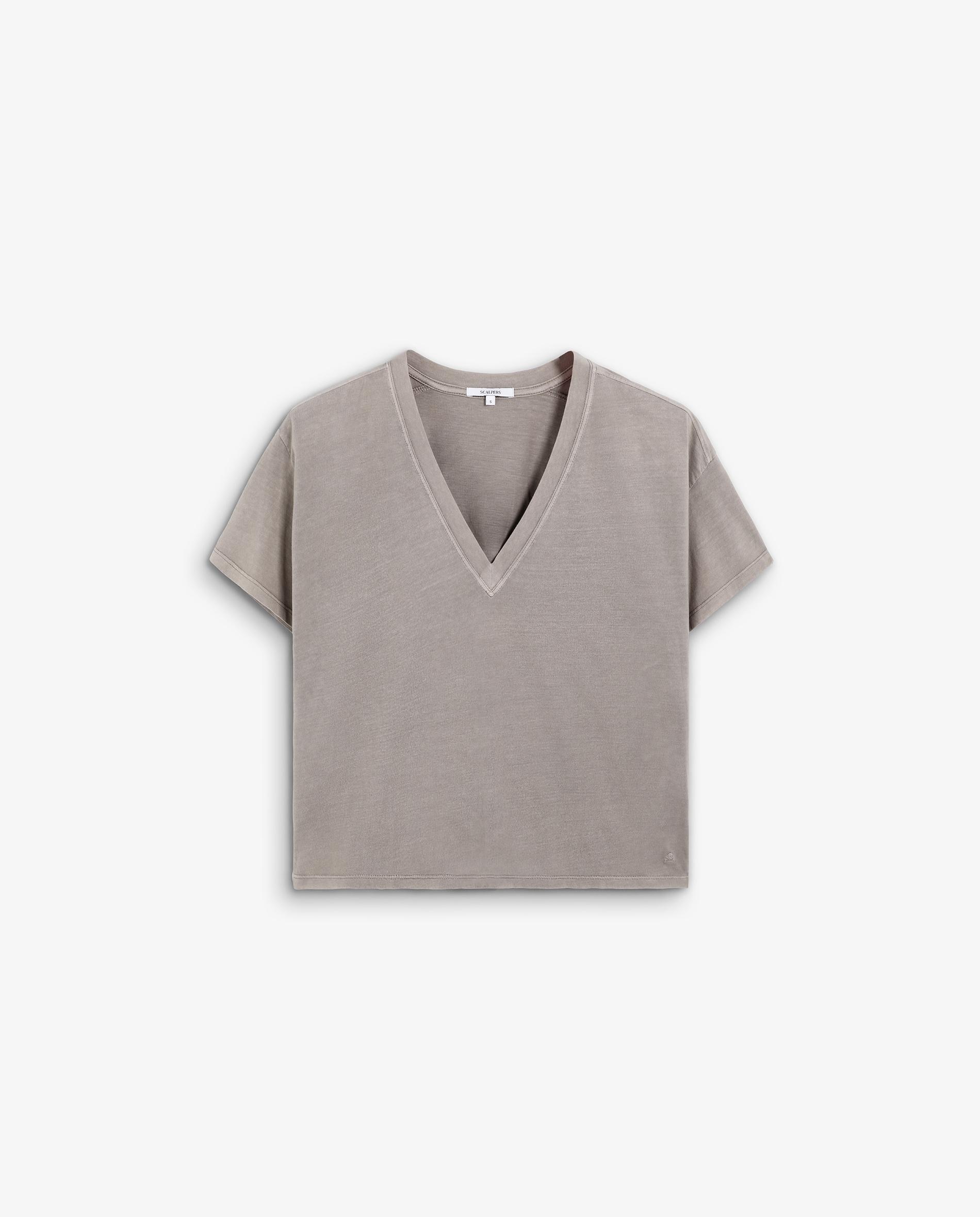 T-shirt de Manga Curta com Gola em V Taupe-5