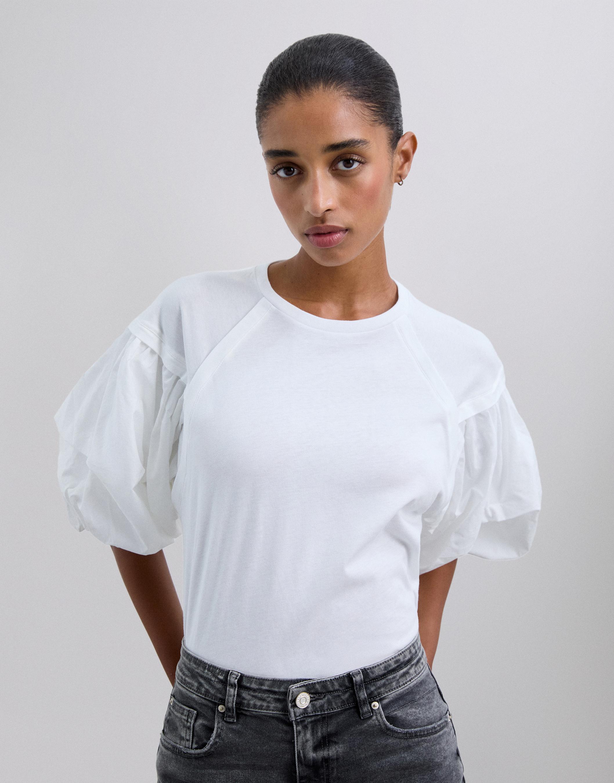 T-shirt de Algodão com Mangas Abalonadas Branco-1