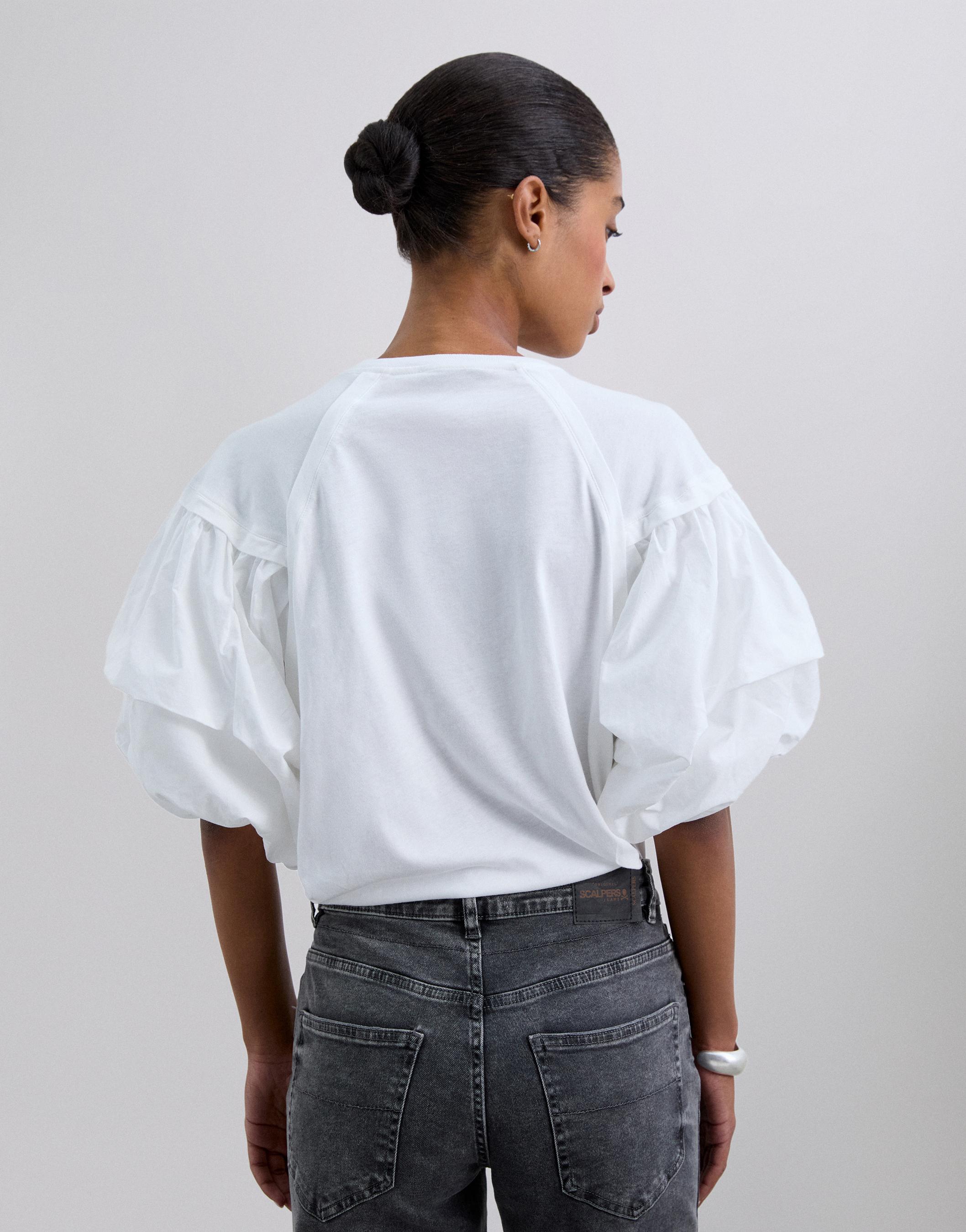 T-shirt de Algodão com Mangas Abalonadas Branco-3
