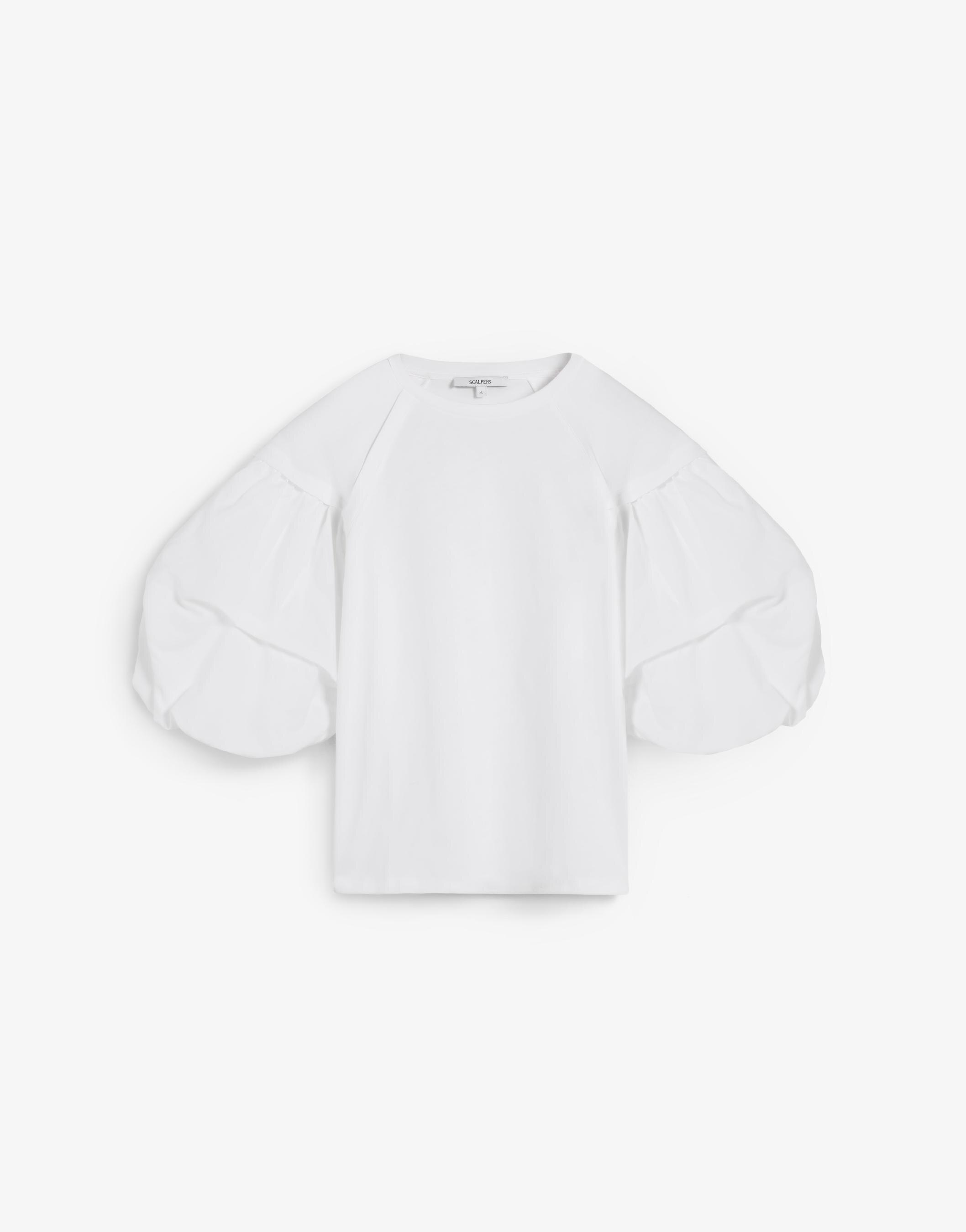 T-shirt de Algodão com Mangas Abalonadas Branco-5