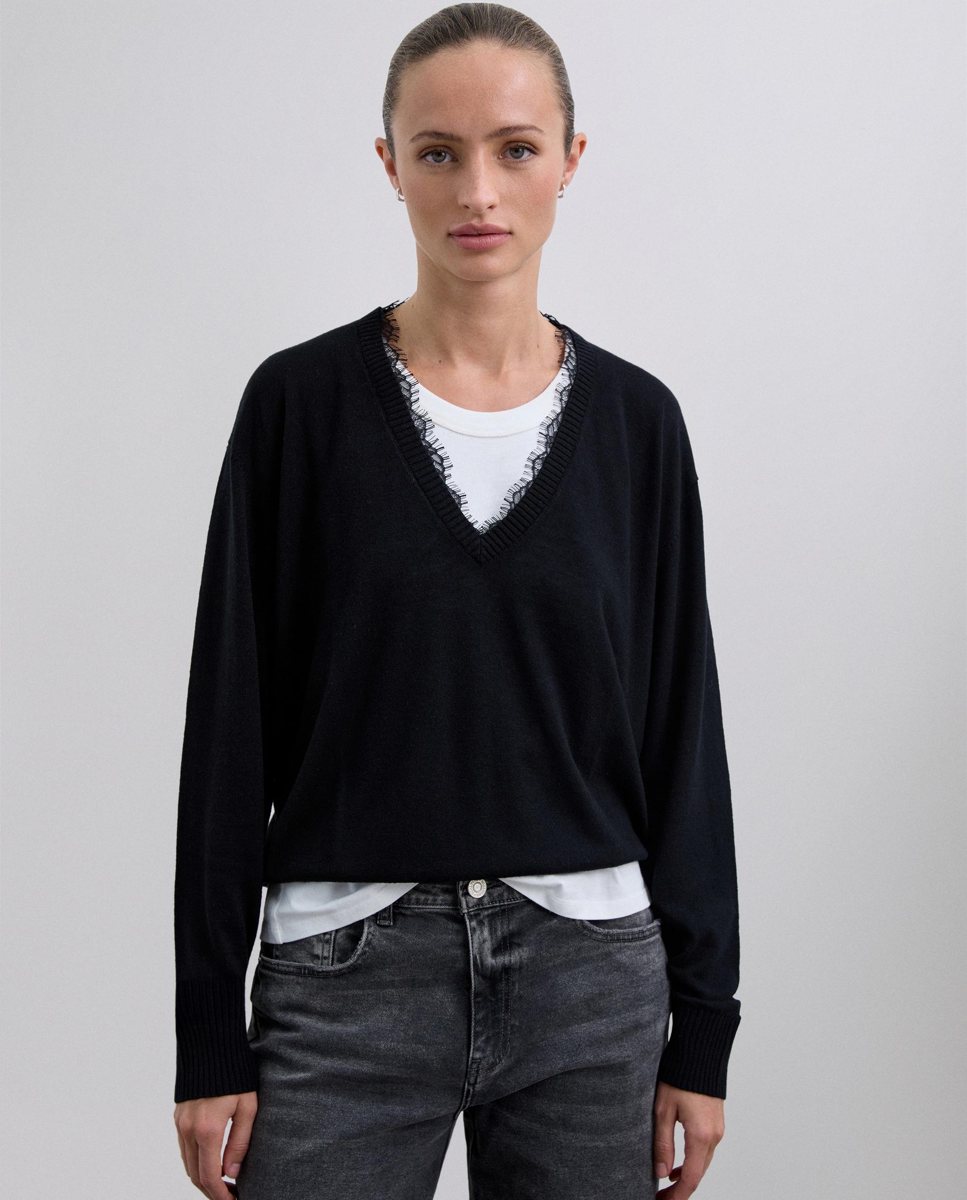 Camisola com Detalhes de Renda e Manga Comprida Preto-1