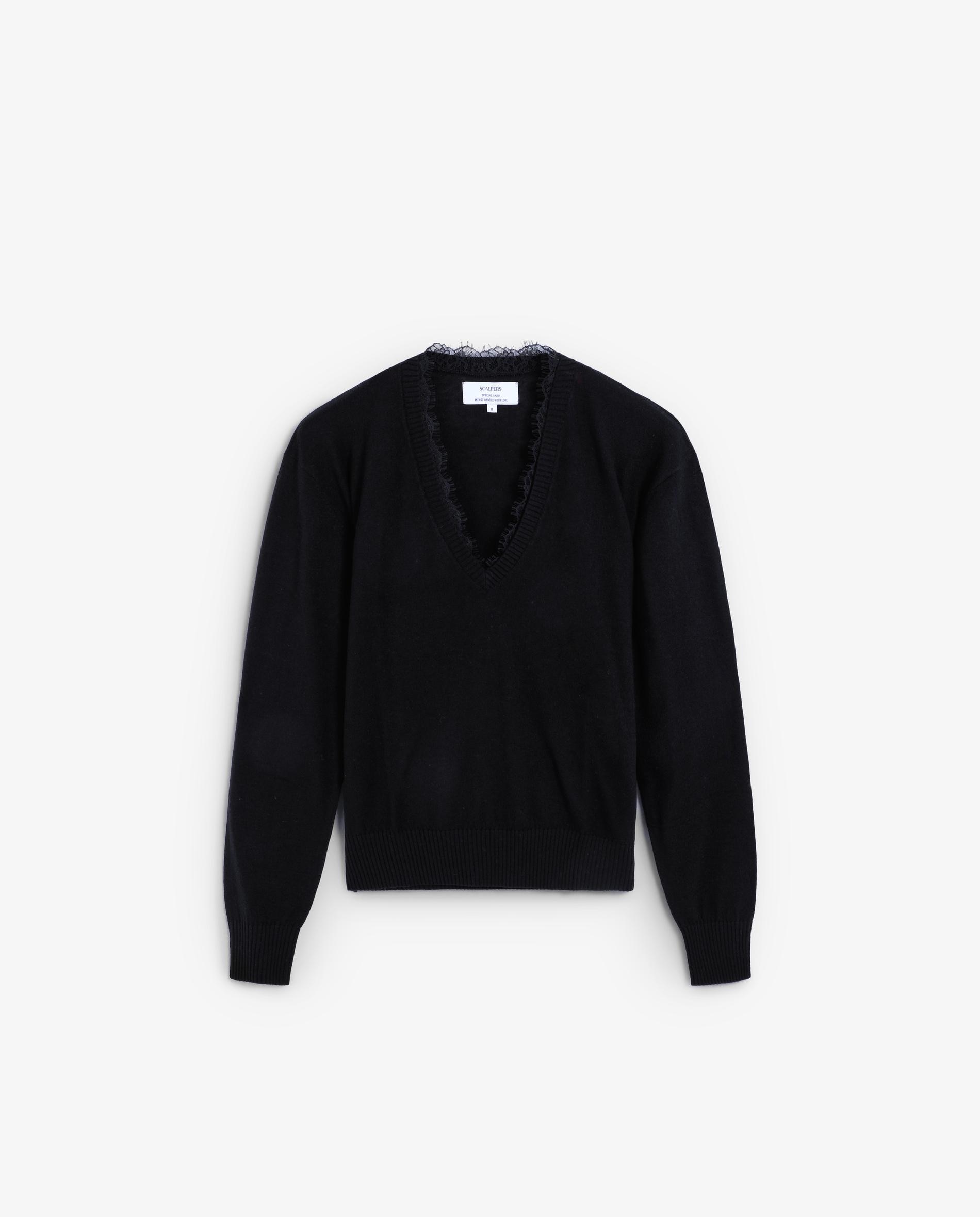 Camisola com Detalhes de Renda e Manga Comprida Preto-5