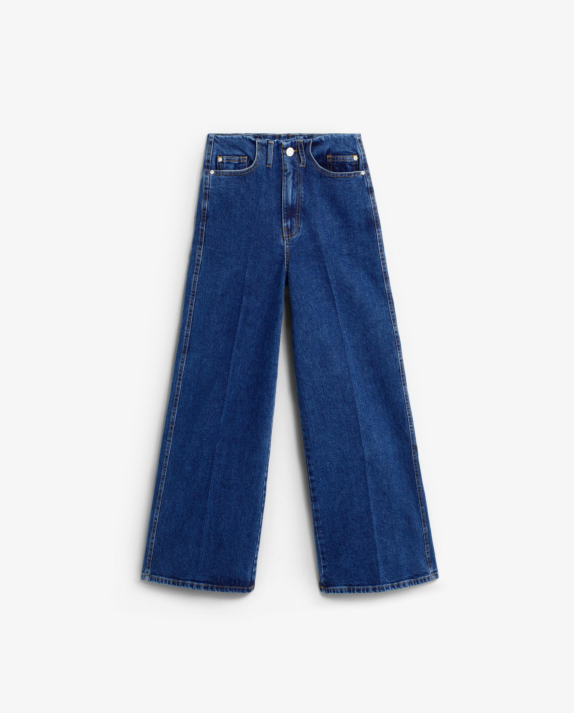 Jeans com Corte a Direito de Cintura Subida e Bolsos Azul-7