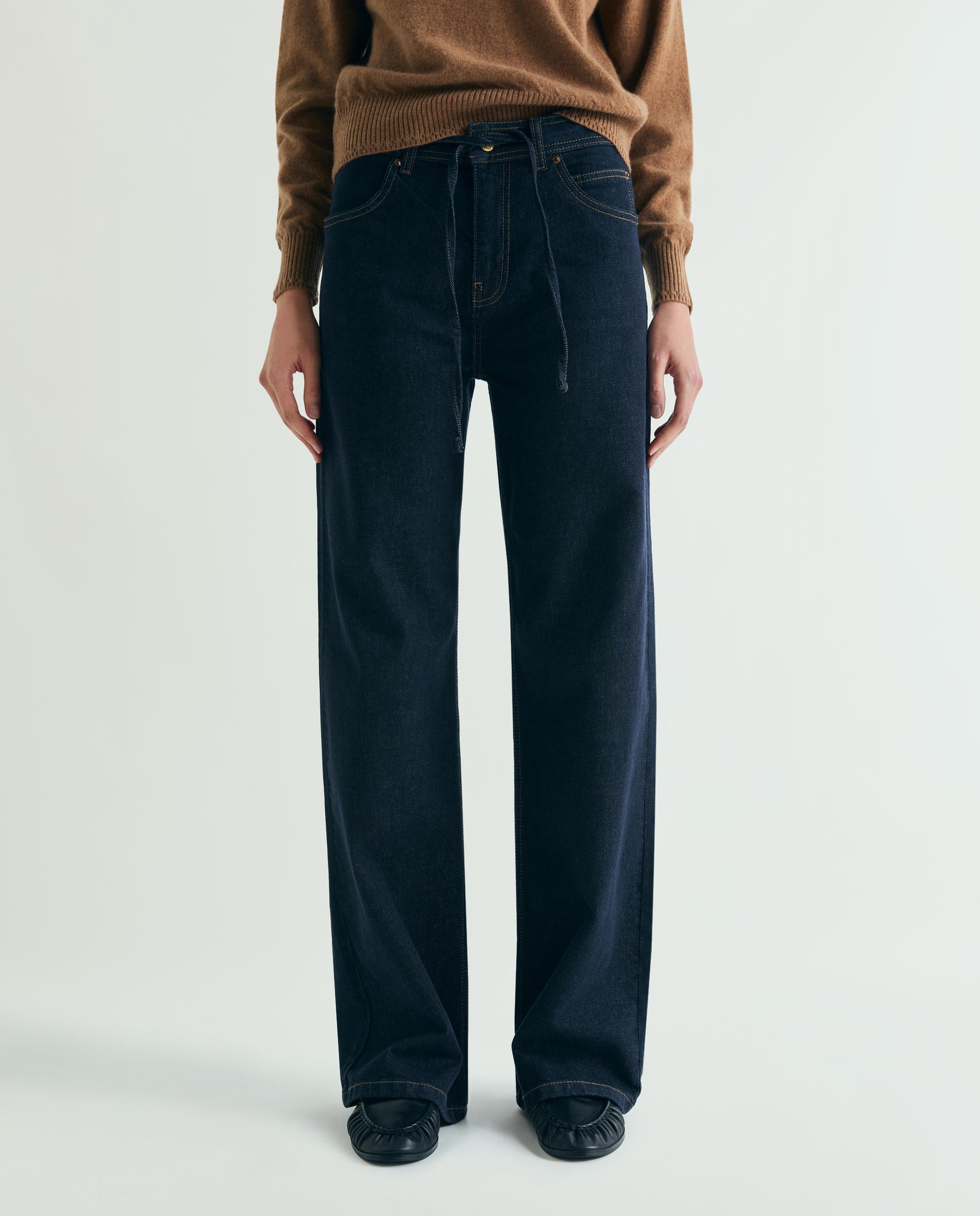 Jeans Largo de Cintura Média com Cordão Ajustável Azul-índigo-2