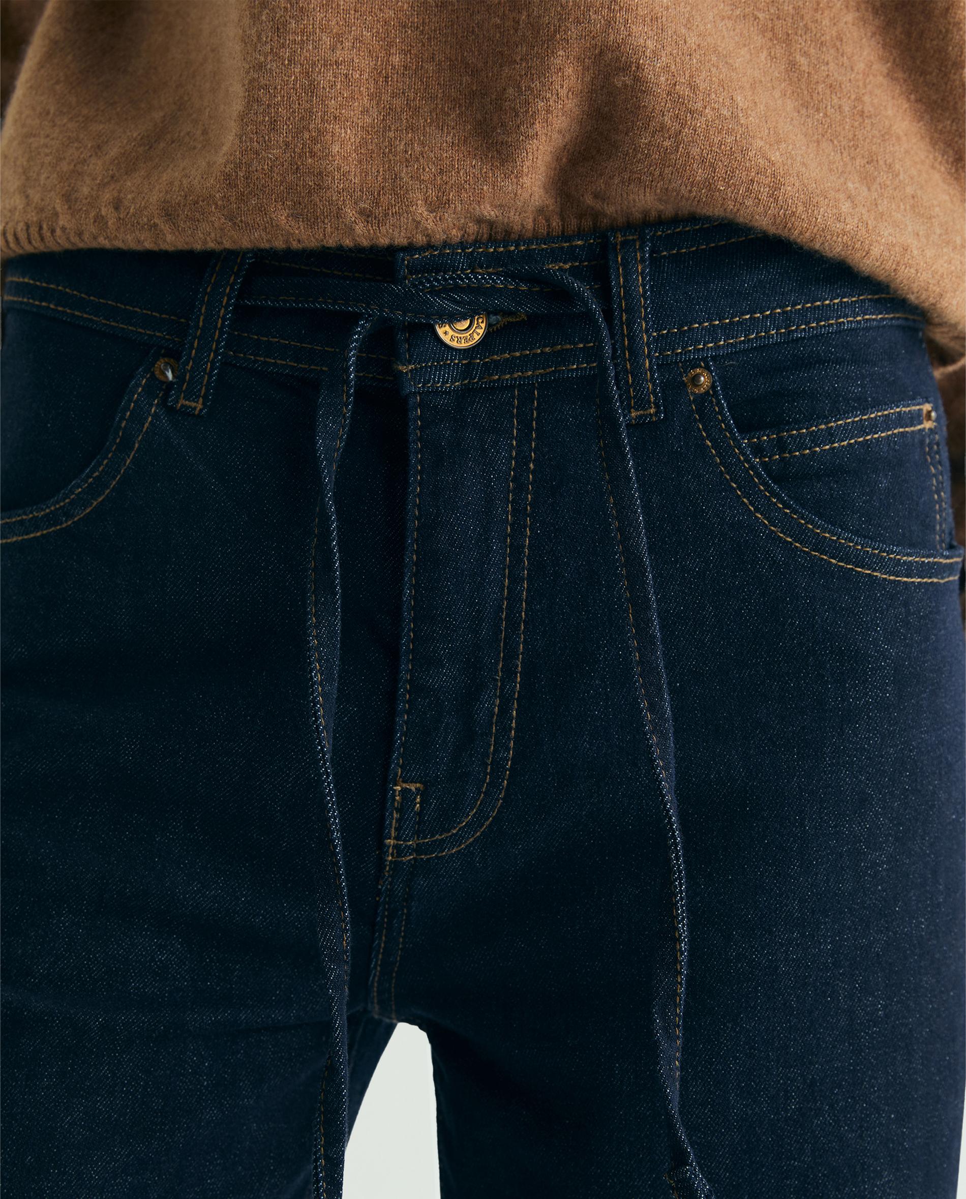Jeans Largo de Cintura Média com Cordão Ajustável Azul-índigo-4