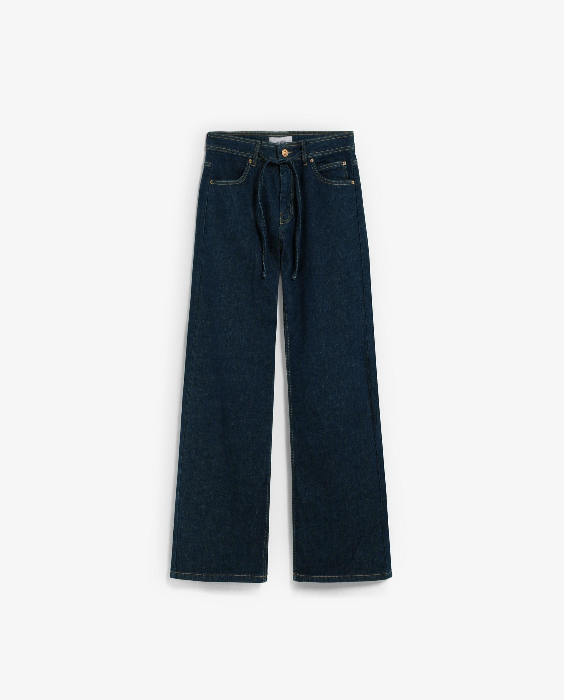 Jeans Largo de Cintura Média com Cordão Ajustável Azul-índigo-5