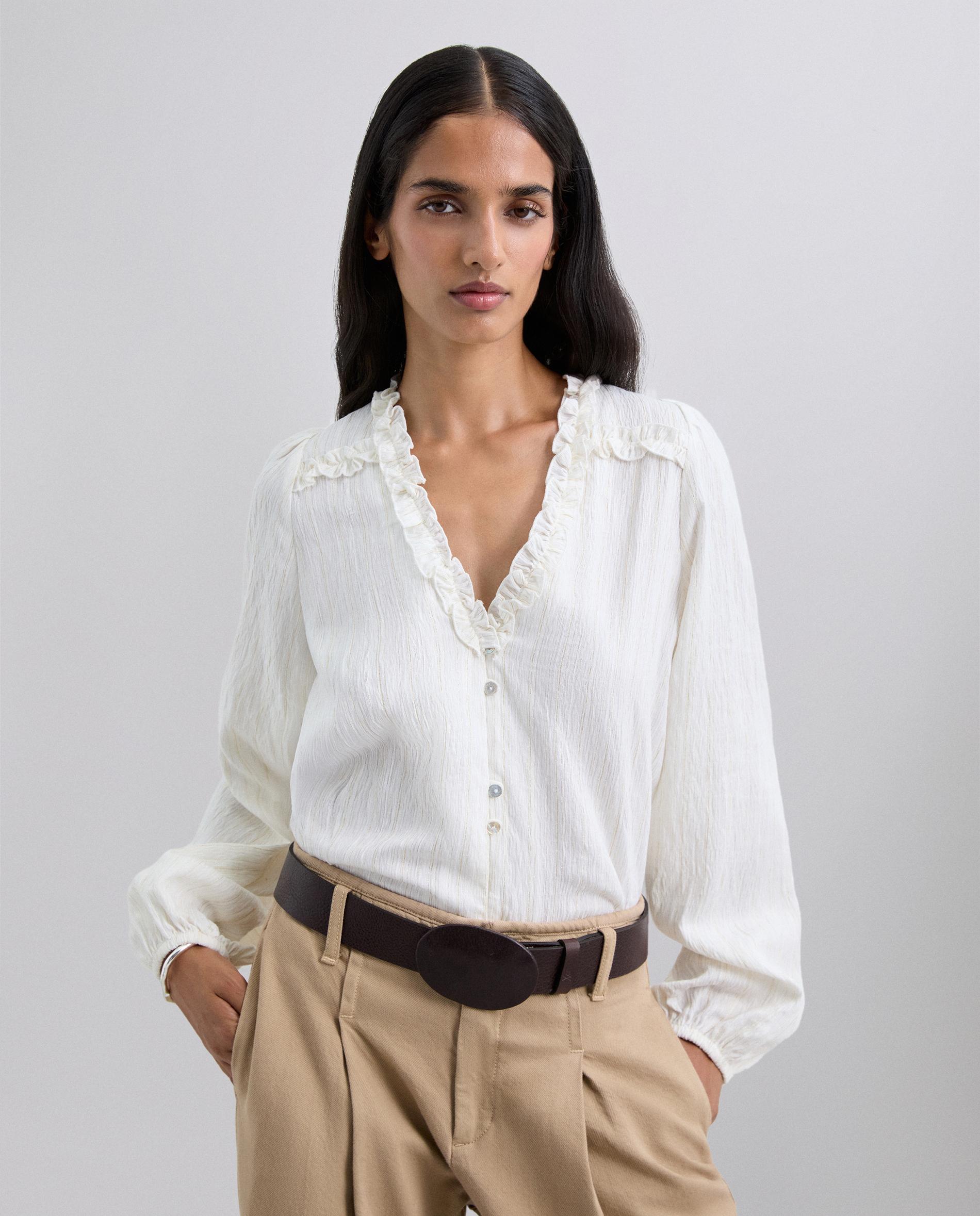 Blusa com Decote em V com Folho Branco-1