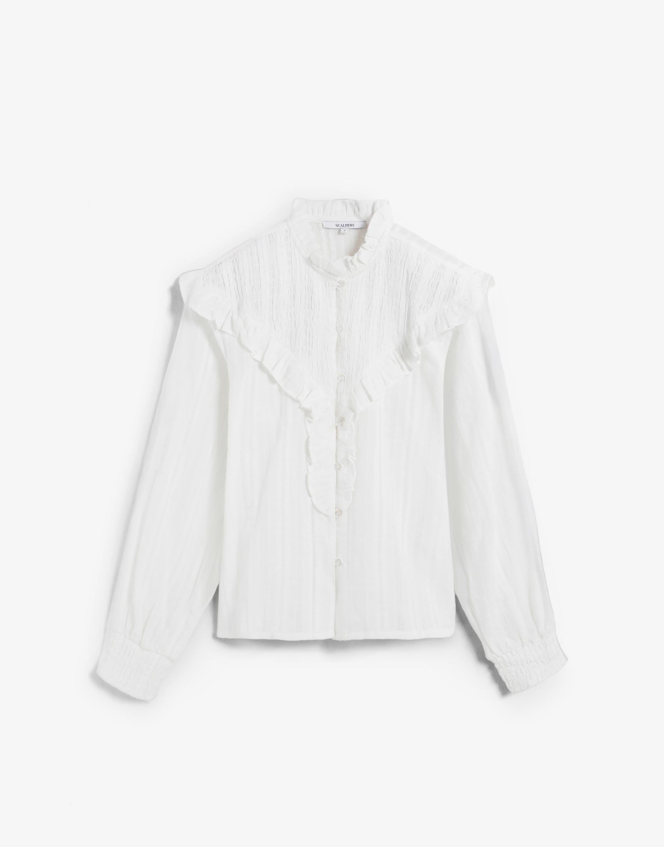 Blusa com Gola Subida e Detalhe de Folhos na Parte Frontal Branco-5