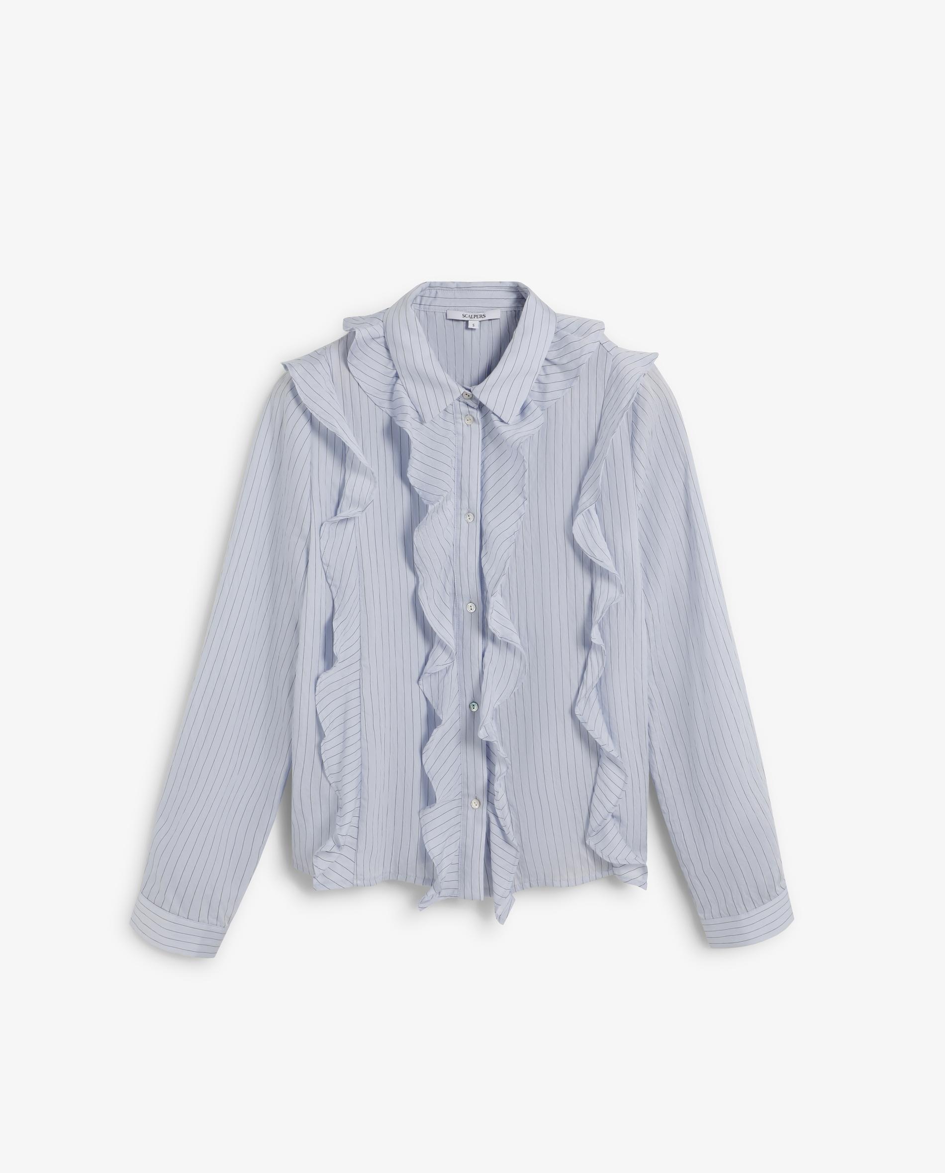 Camisa de Manga Comprida com Detalhe de Folhos Azul-5