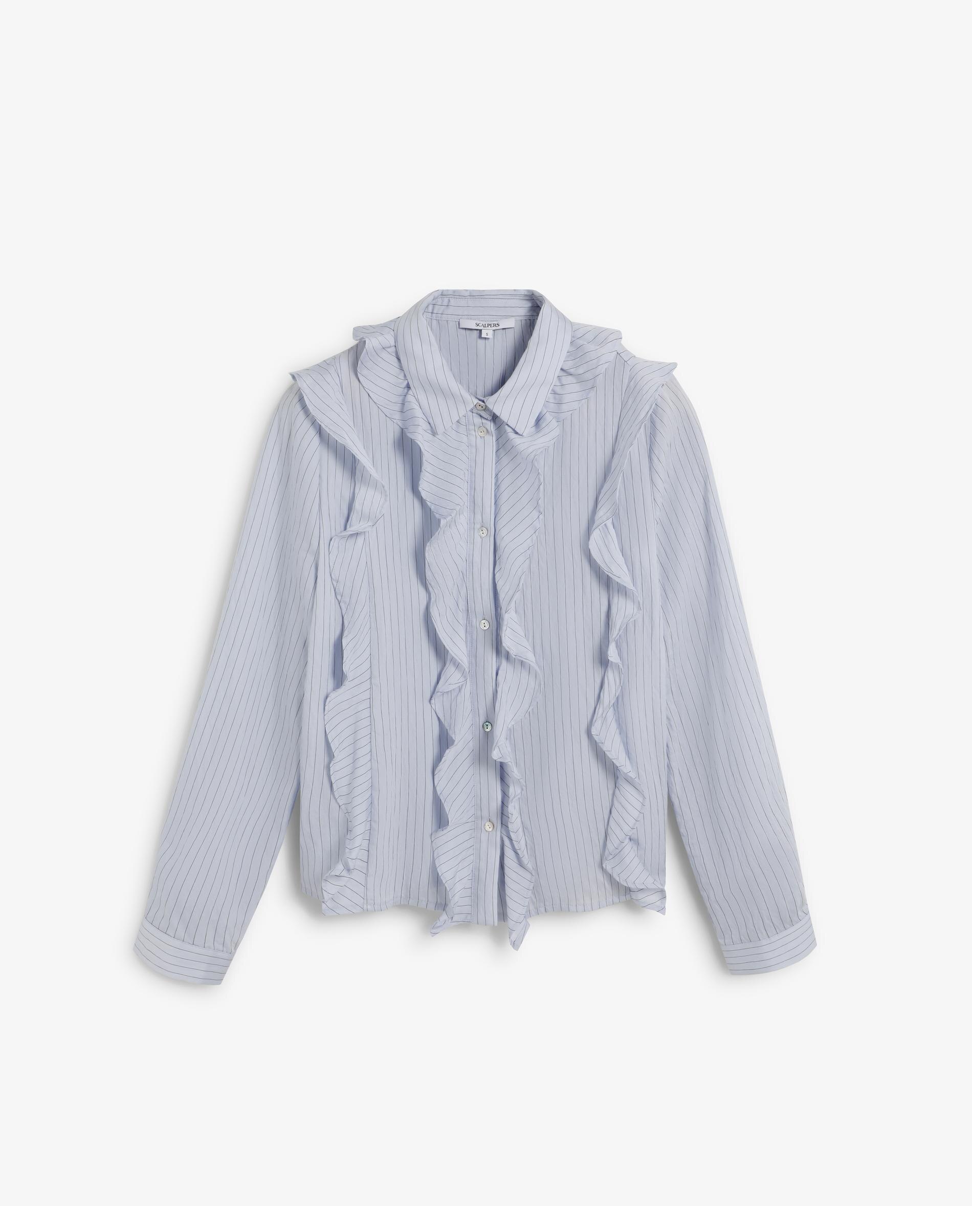 Camisa de Manga Comprida com Detalhe de Folhos Azul-5