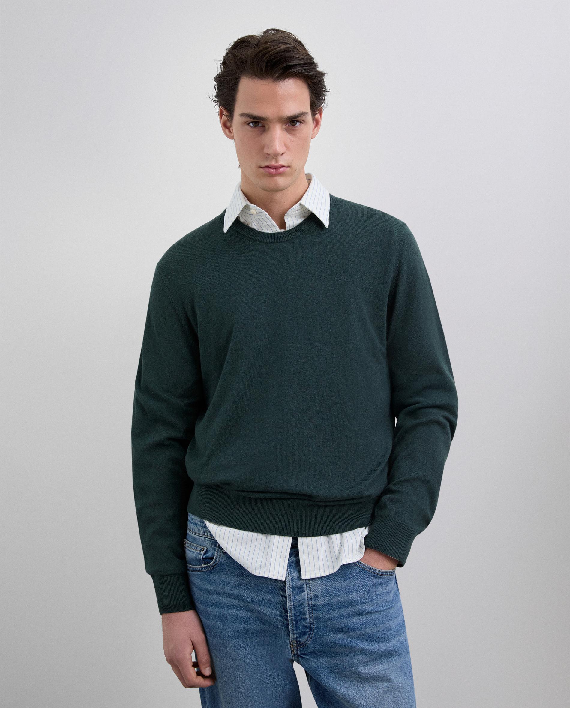 Camisola com Gola Redonda e Caveira Bordada em Peito Verde-escuro-1