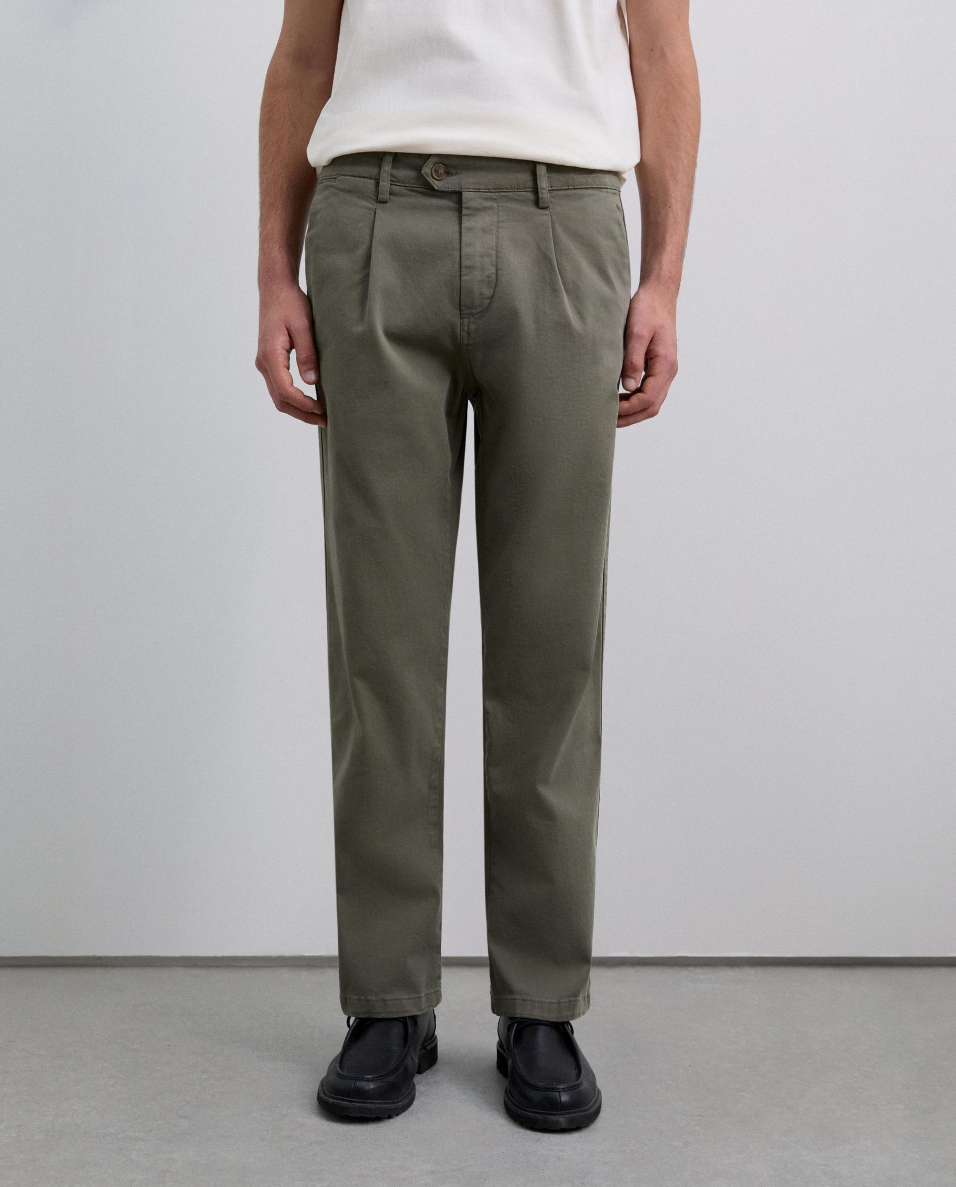 Calças Chino de Algodão com Pinças Verde-militar-2