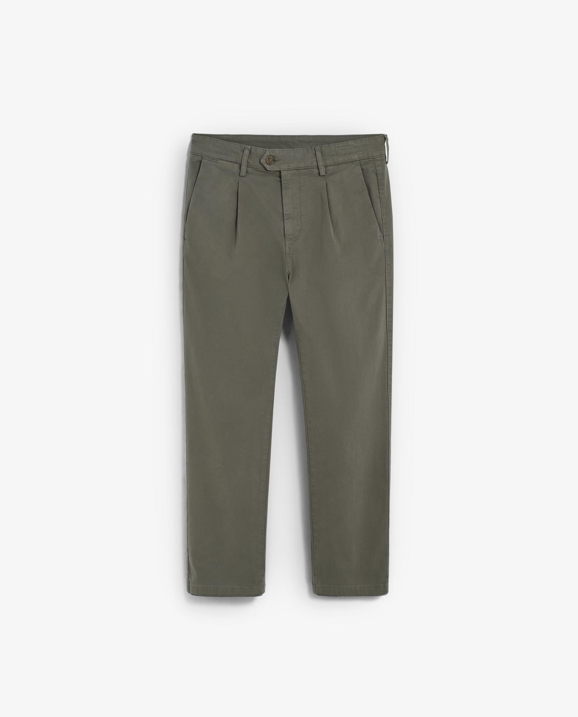 Calças Chino de Algodão com Pinças Verde-militar-6