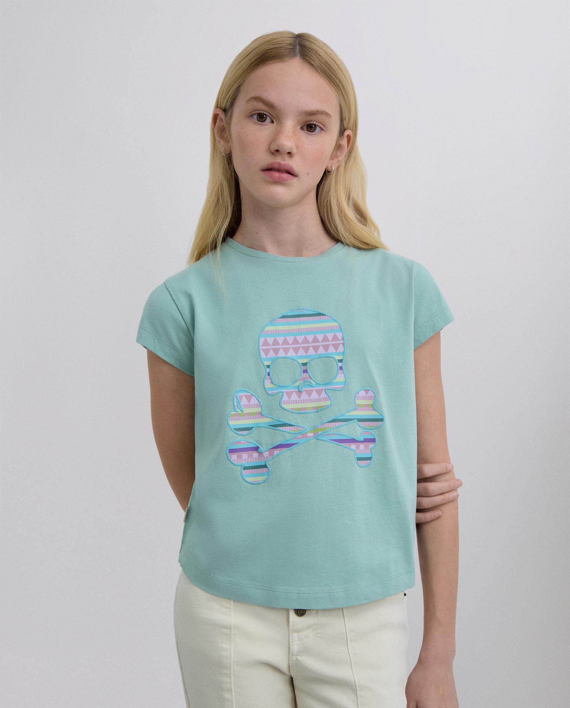 T-shirt Infantil de Manga Curta com Estampado Frontal de Caveira Azul-1