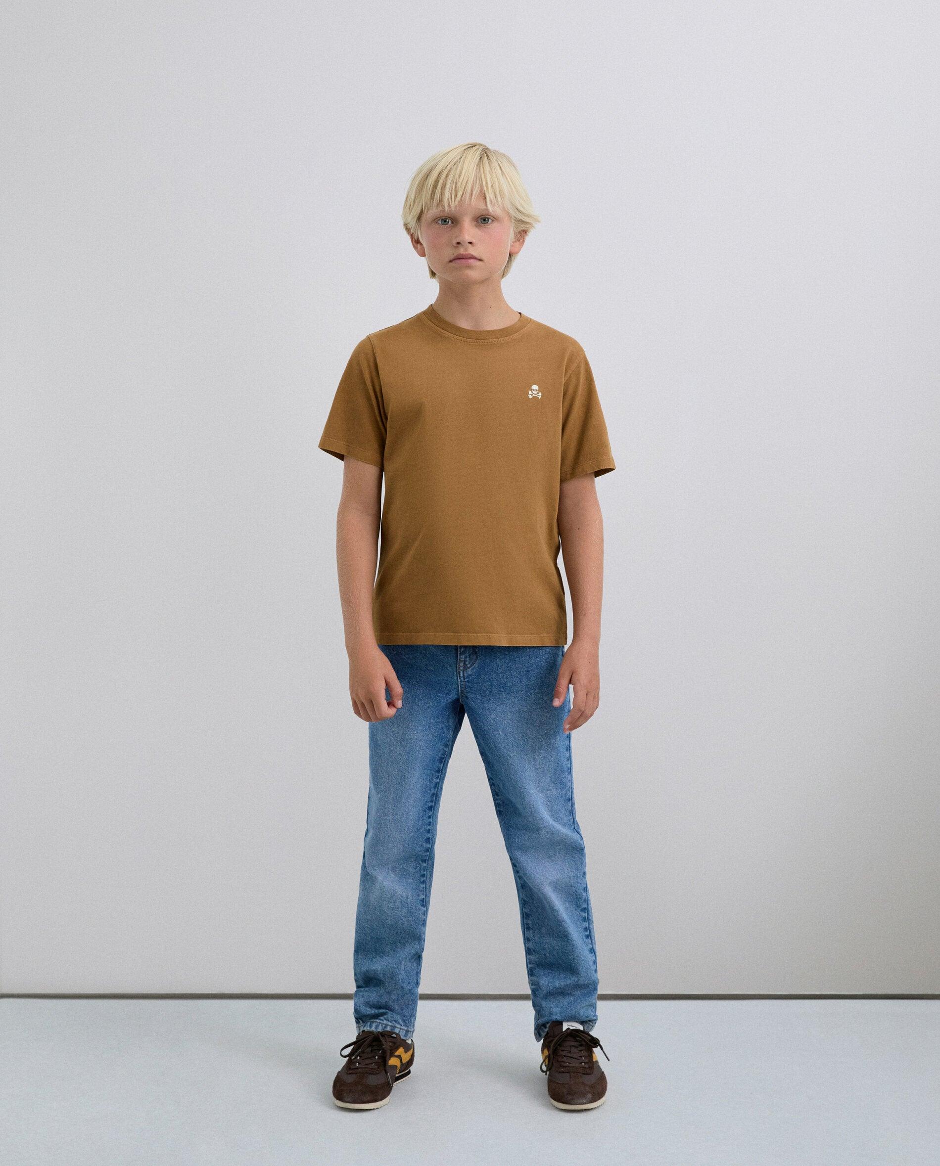 T-shirt Infantil de Manga Curta com Logo Bordado Castanho-1