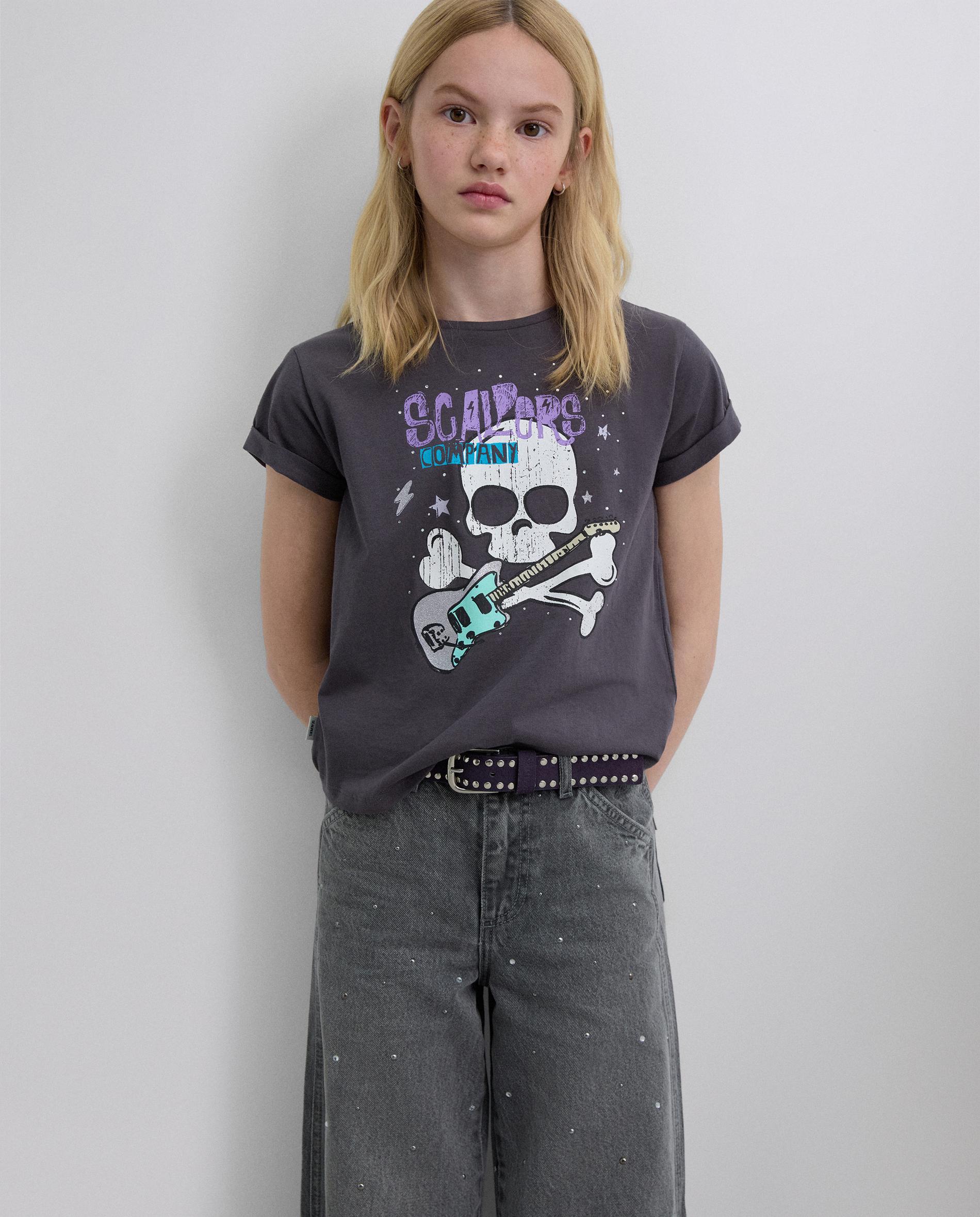 T-shirt Infantil de Algodão com Estampado Frontal Scalpers Cinzento-1