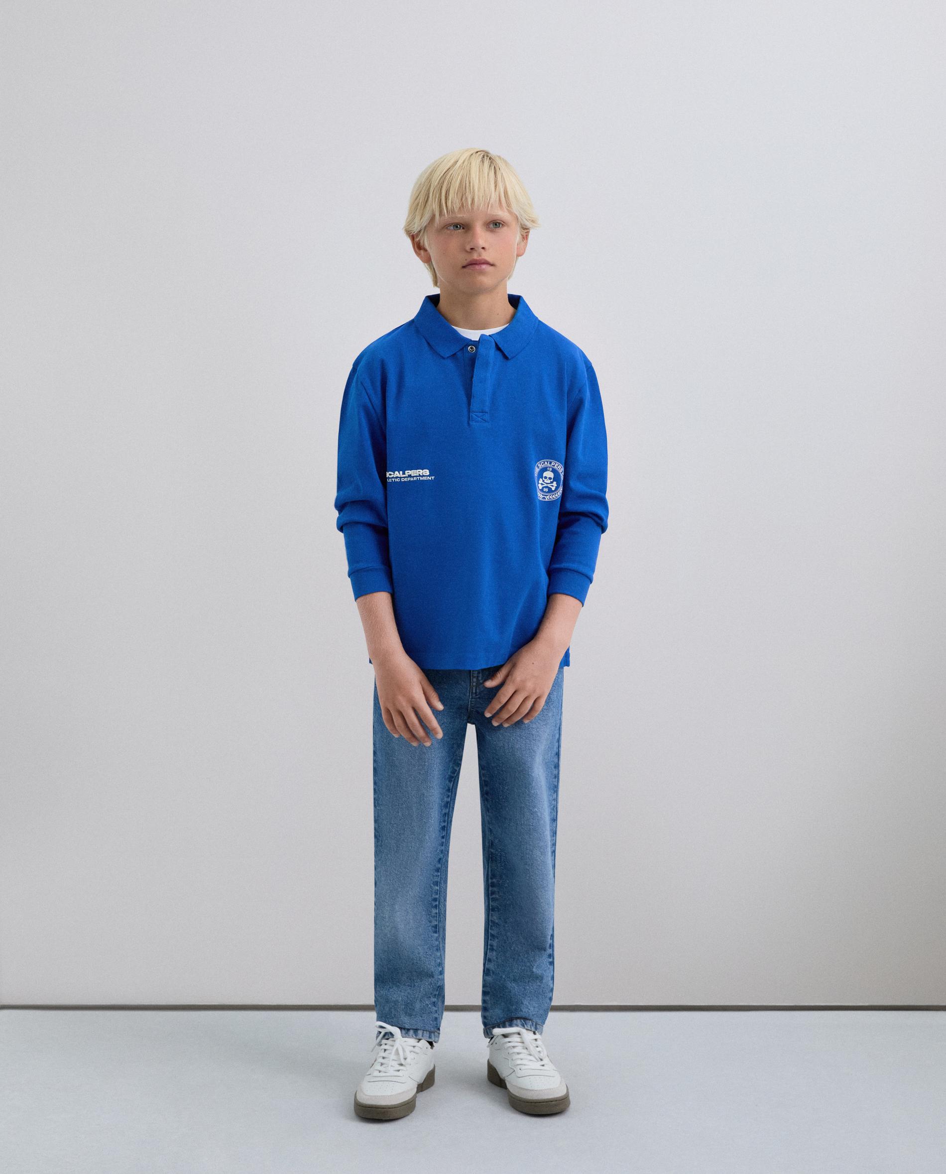 Polo Regular Fit com Logo e Manga Comprida Azul-1