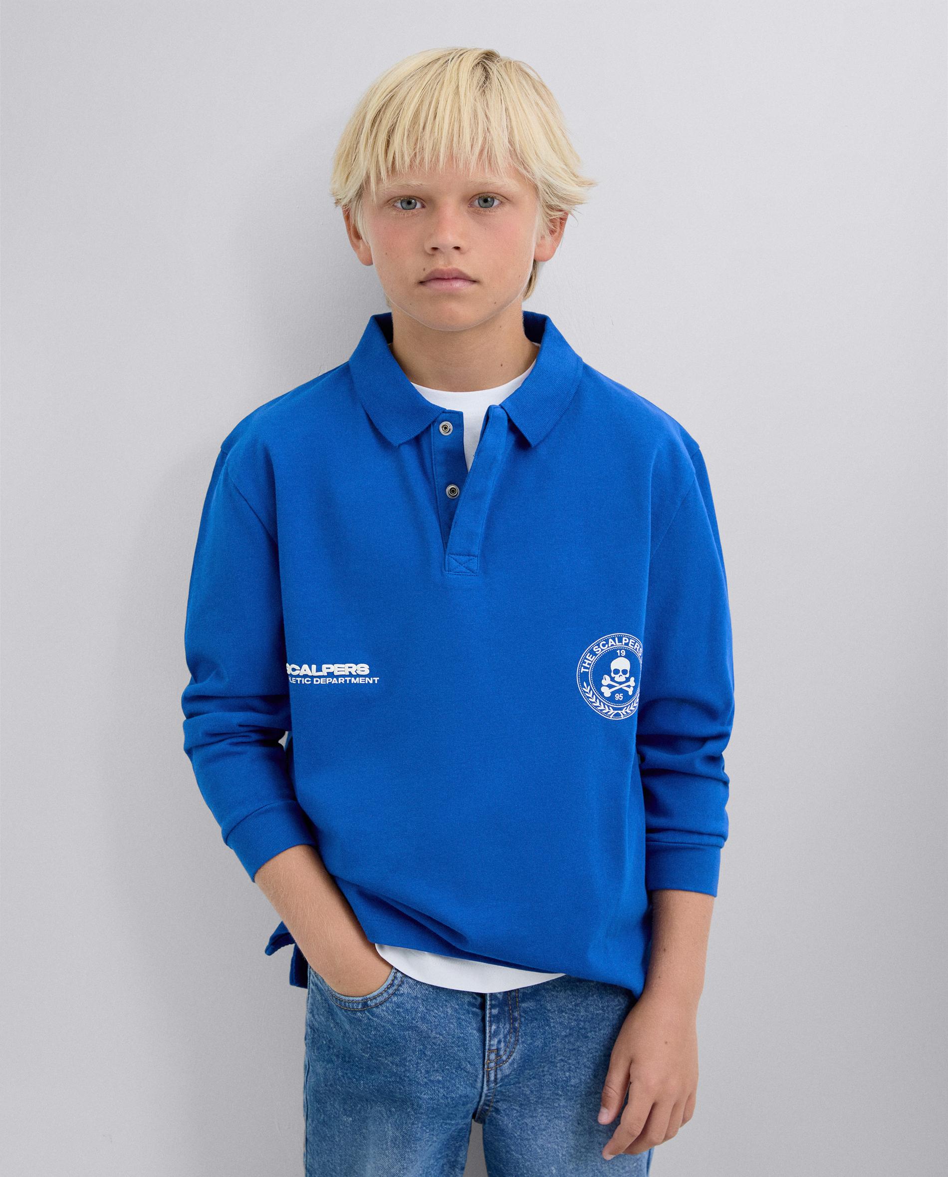 Polo Regular Fit com Logo e Manga Comprida Azul-2