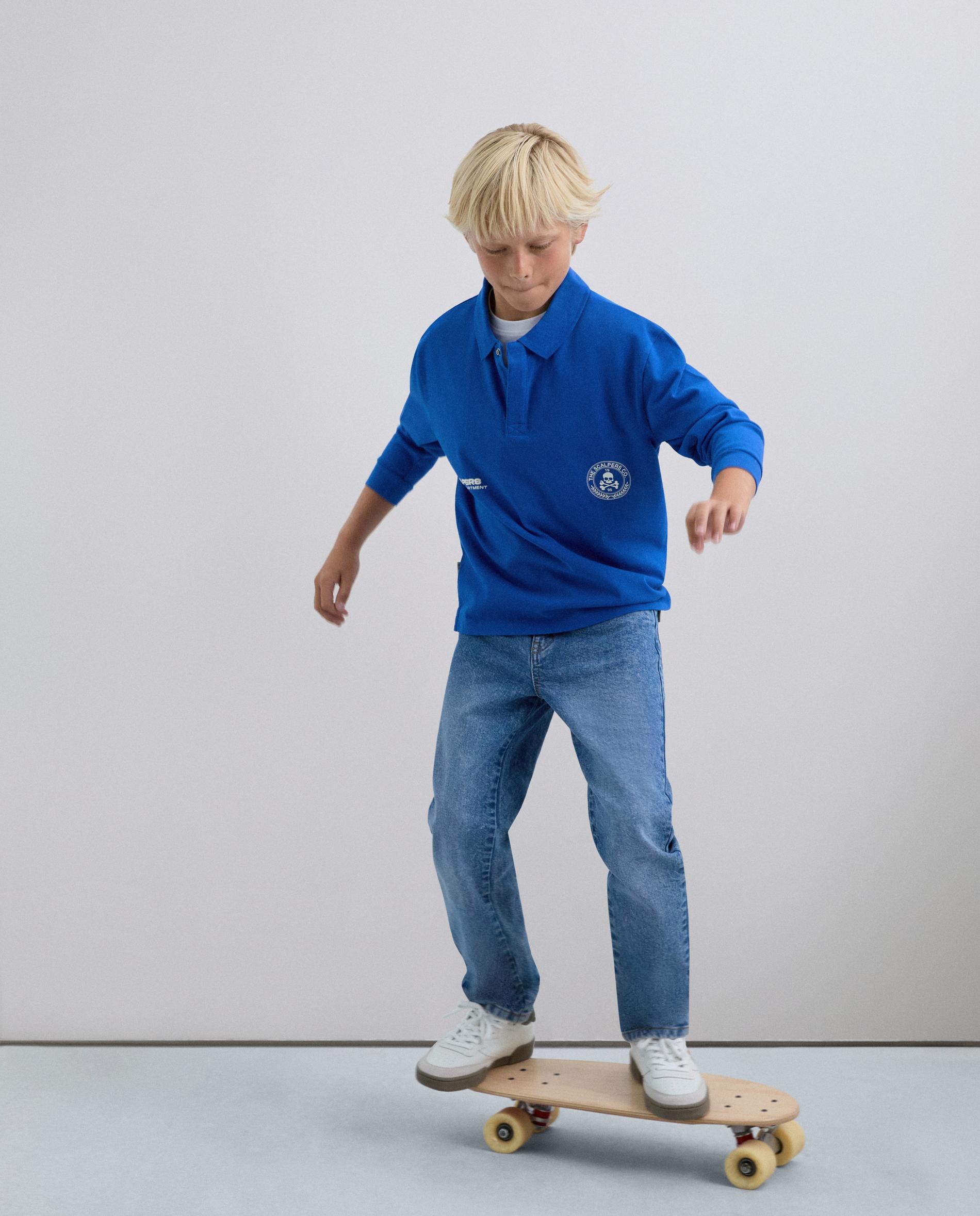 Polo Regular Fit com Logo e Manga Comprida Azul-5