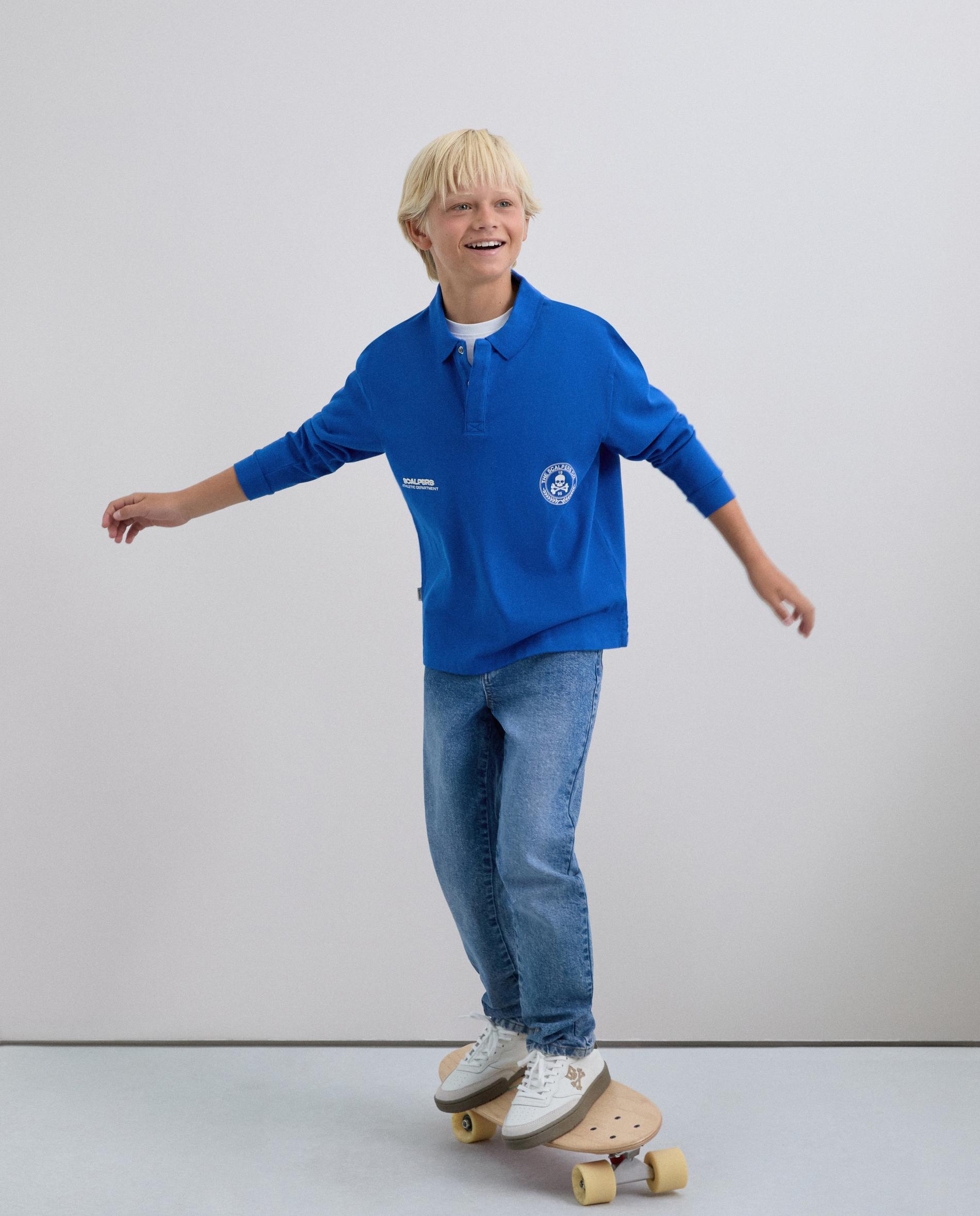 Polo Regular Fit com Logo e Manga Comprida Azul-7