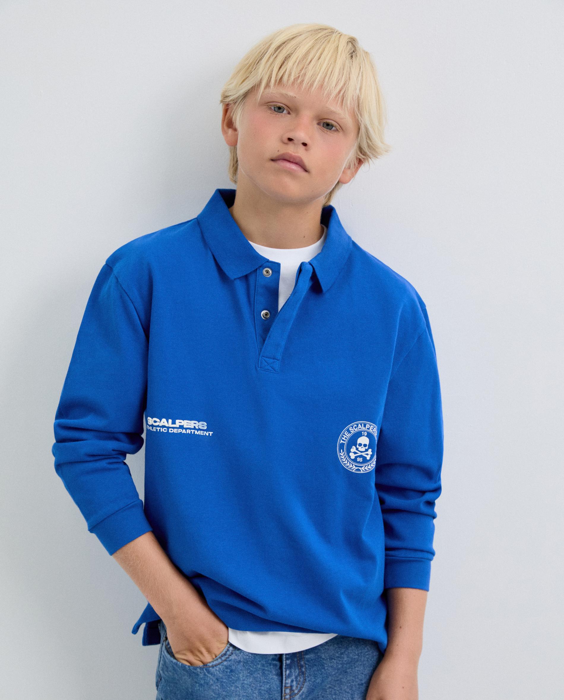 Polo Regular Fit com Logo e Manga Comprida Azul-8
