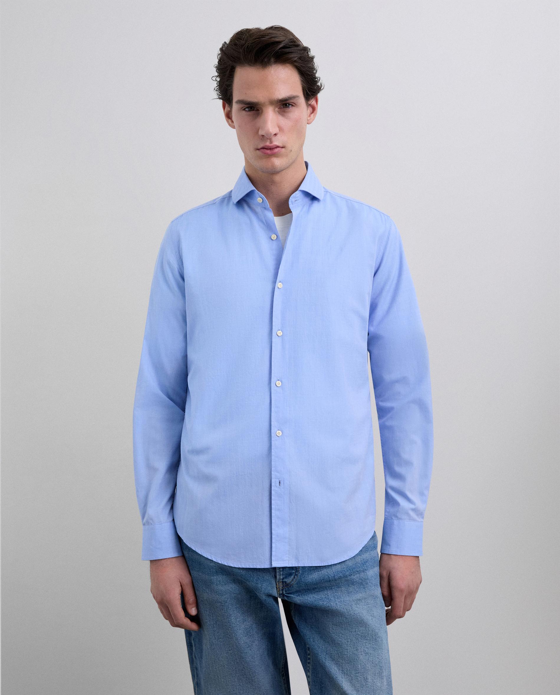 Camisa Formal de Manga Comprida em Algodão Azul-1